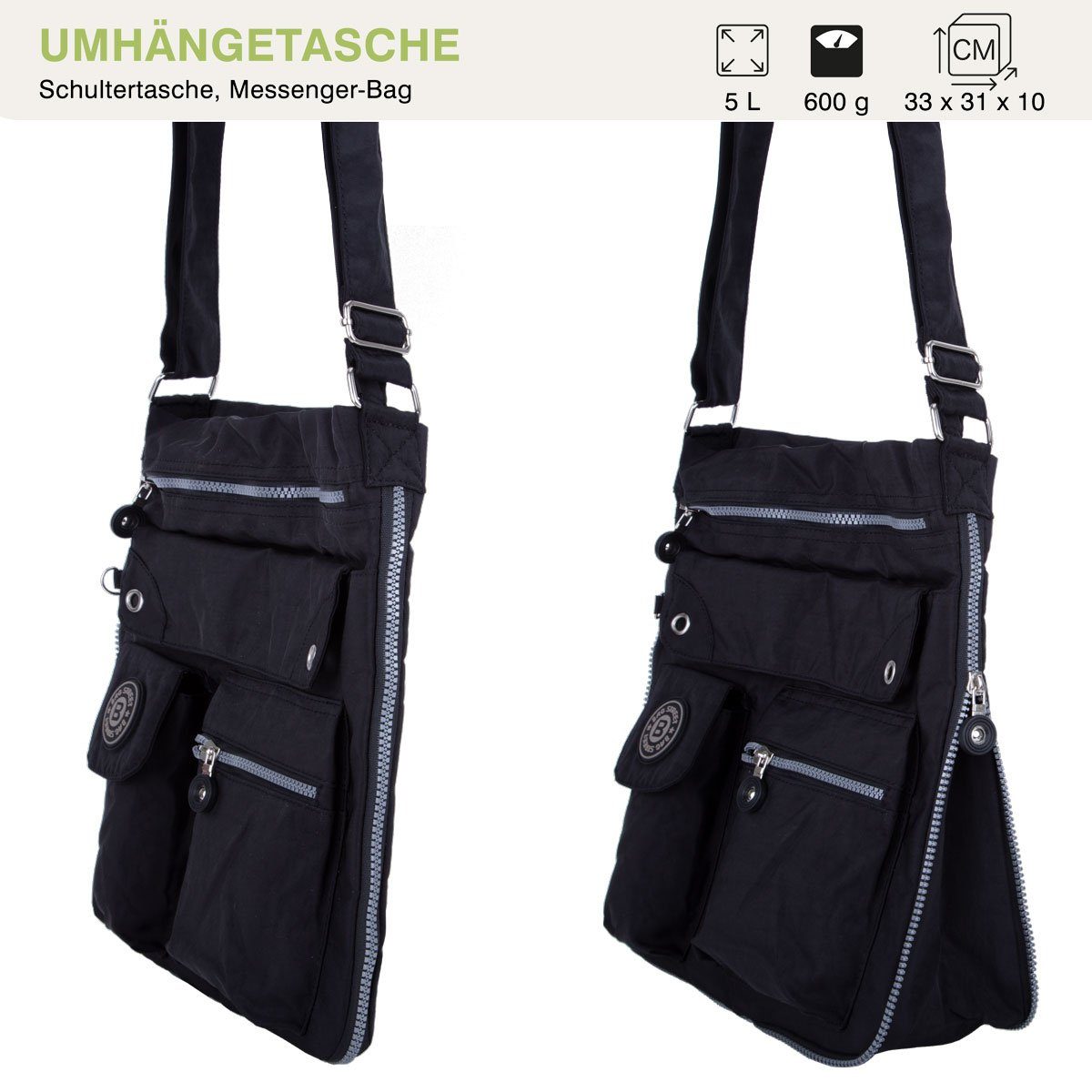Bag Urlaub City-Tasche mit viel schwarz Kuriertasche Umhänge-Tasche Sportive Henkeltasche, compagno Reise Stauraum