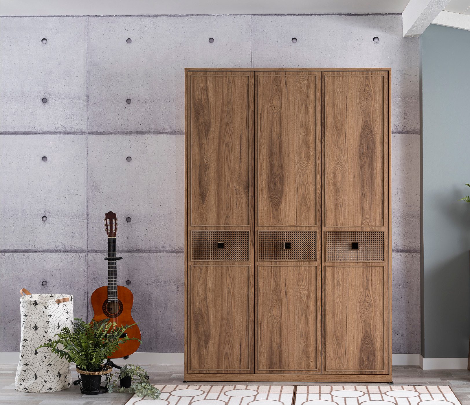 Möbel-Zeit Kleiderschrank TRIO 3-türig – Holz-Optik mit Hazeran-Design – 2x LED-Kleiderstangen