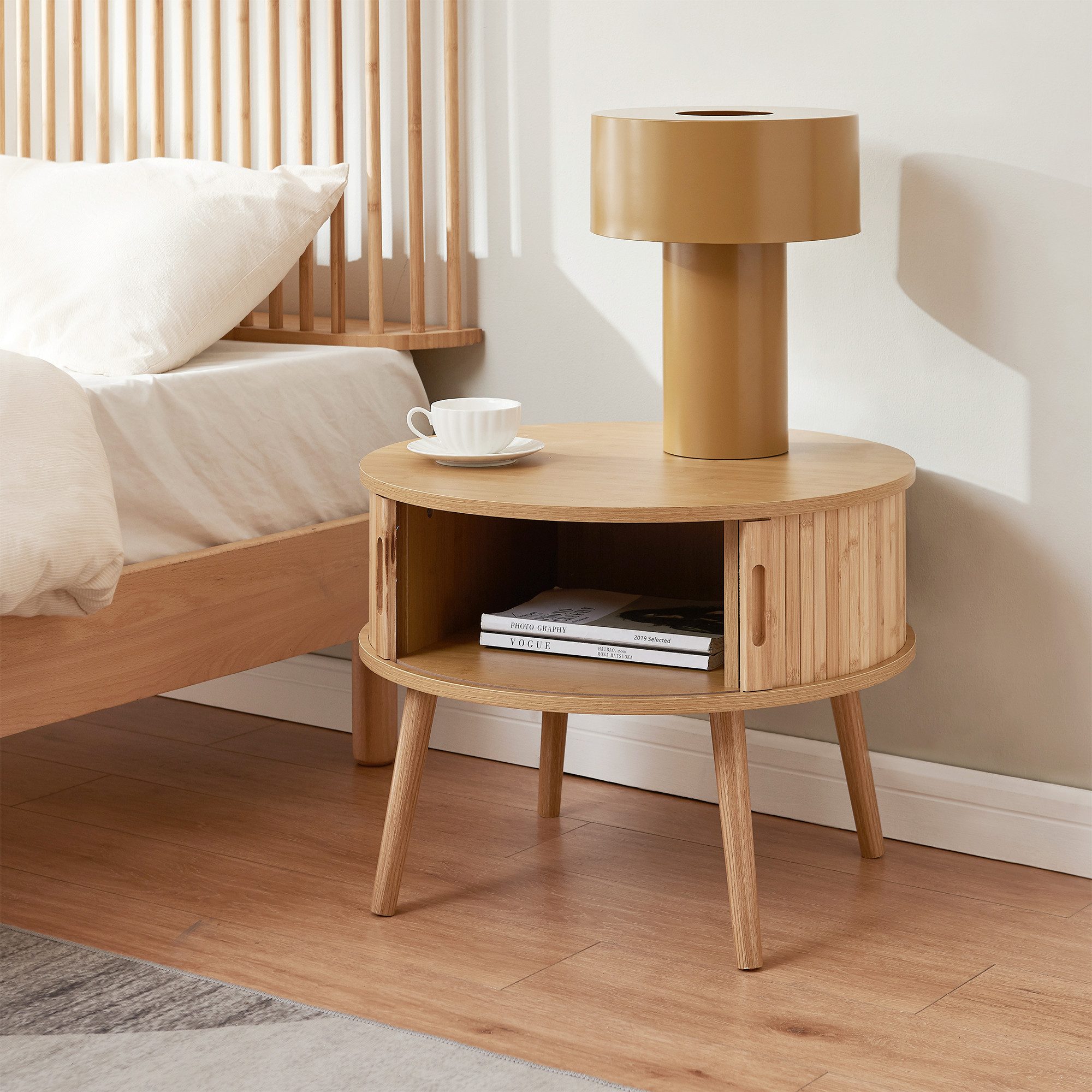 en.casa Nachttisch, »Nordkapp« mit 2 Schiebetüren 45xØ60 cm MDF Bambus Naturfarben