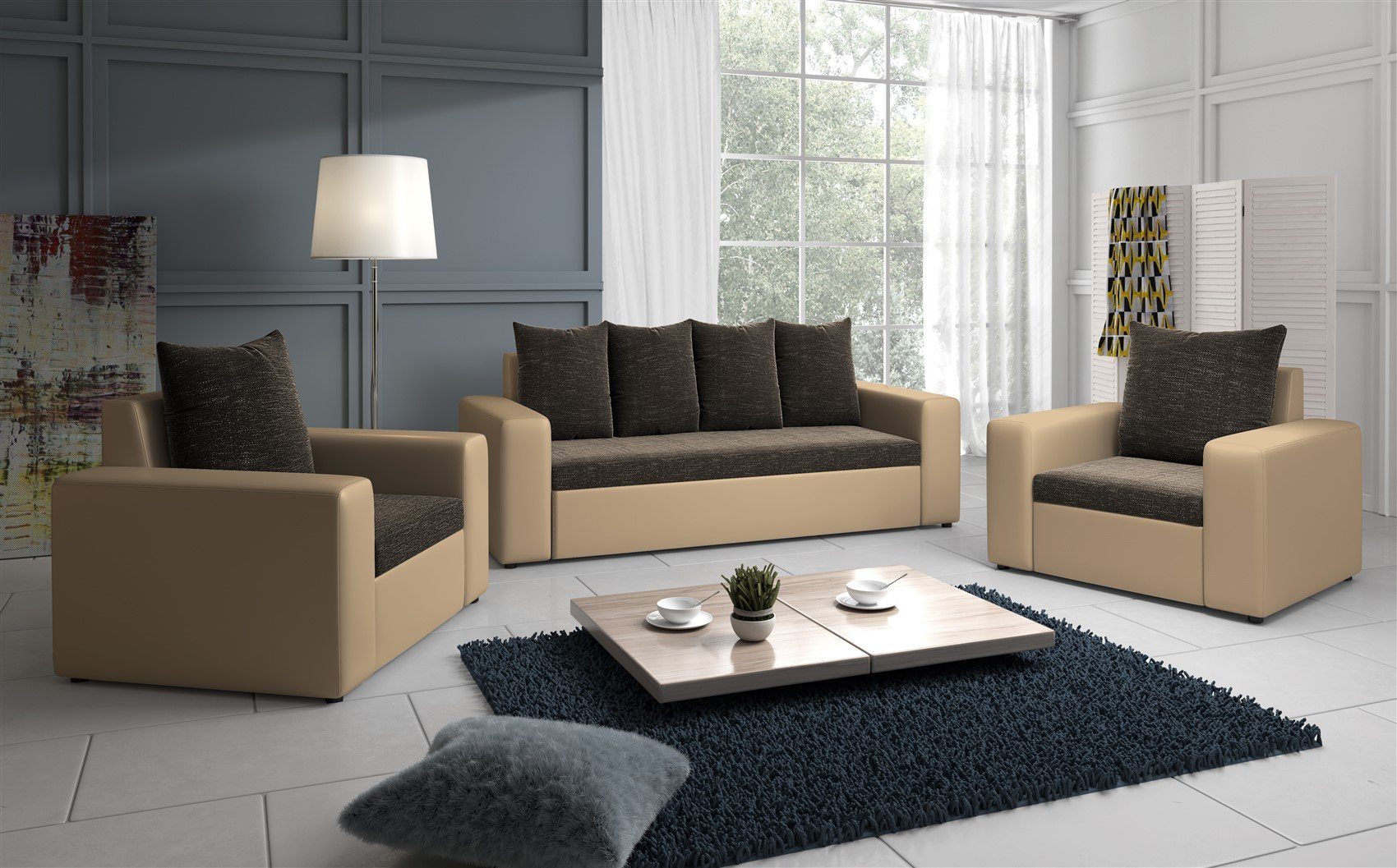 Fun 3-1-1 Bettkasten Sofagarnitur, Möbel Beige/Dunkelbraun Sofa-Set Sofa NINA 6 inkl. inkl. Rückenkissen,