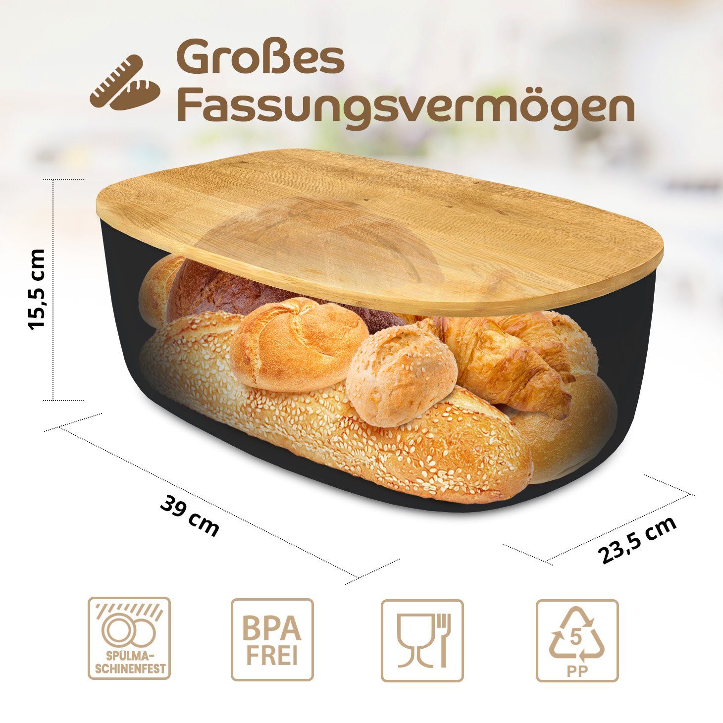 Brotkasten BPA-frei, 2in1 Produktion Holz Schneidebrett Brotkasten europäische Brotbox, KONZEPT mit Schwarz aus Groß,