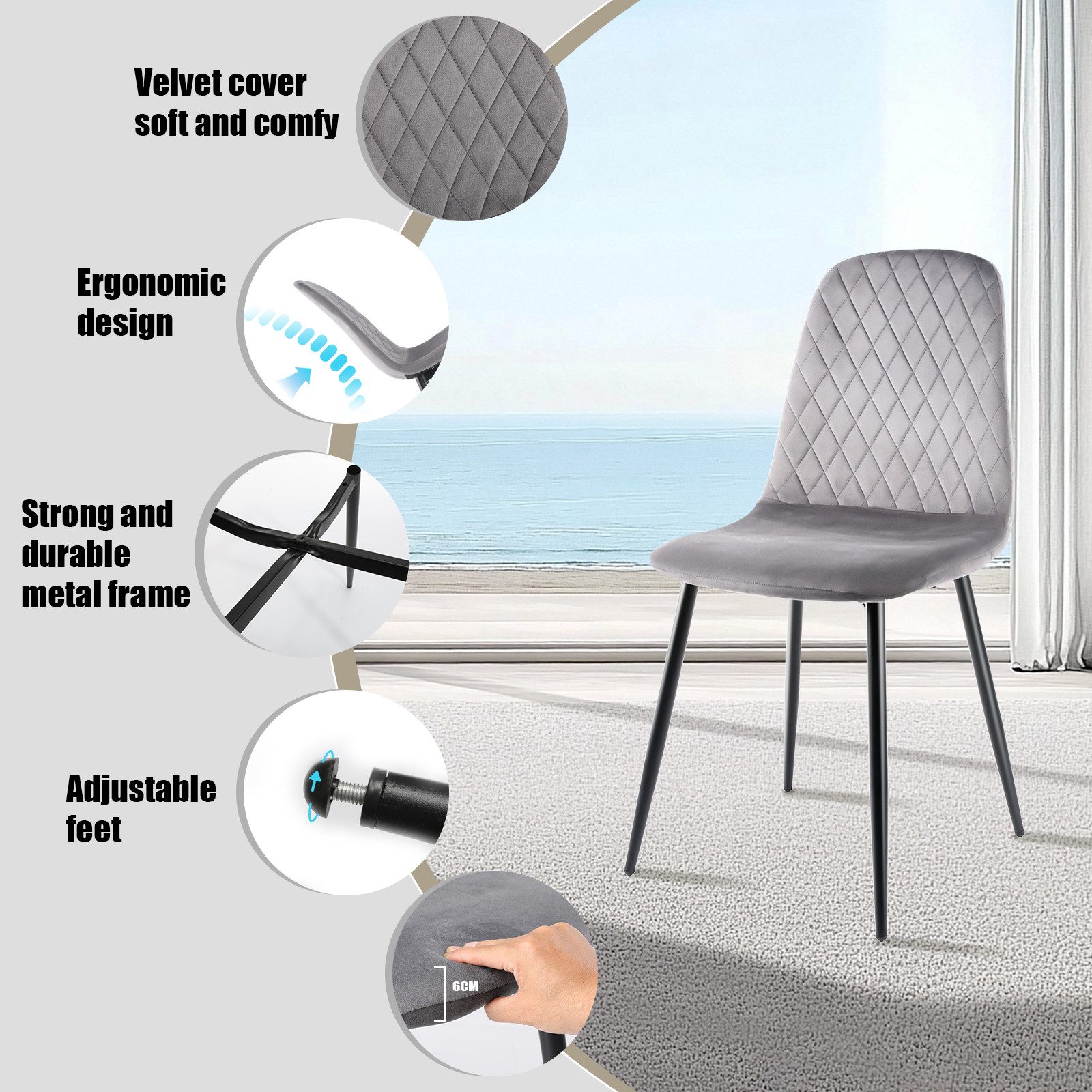 oyajia Esszimmerstuhl Stuhlset – Polsterstühle, Moderner Küchenstuhl. Samt (Metallgestell, 4 St), Küchenstuhl, Samt,Polsterstuhl, bis 150 kg, ERGONOMISCHES DESI – Bild 5 von 5