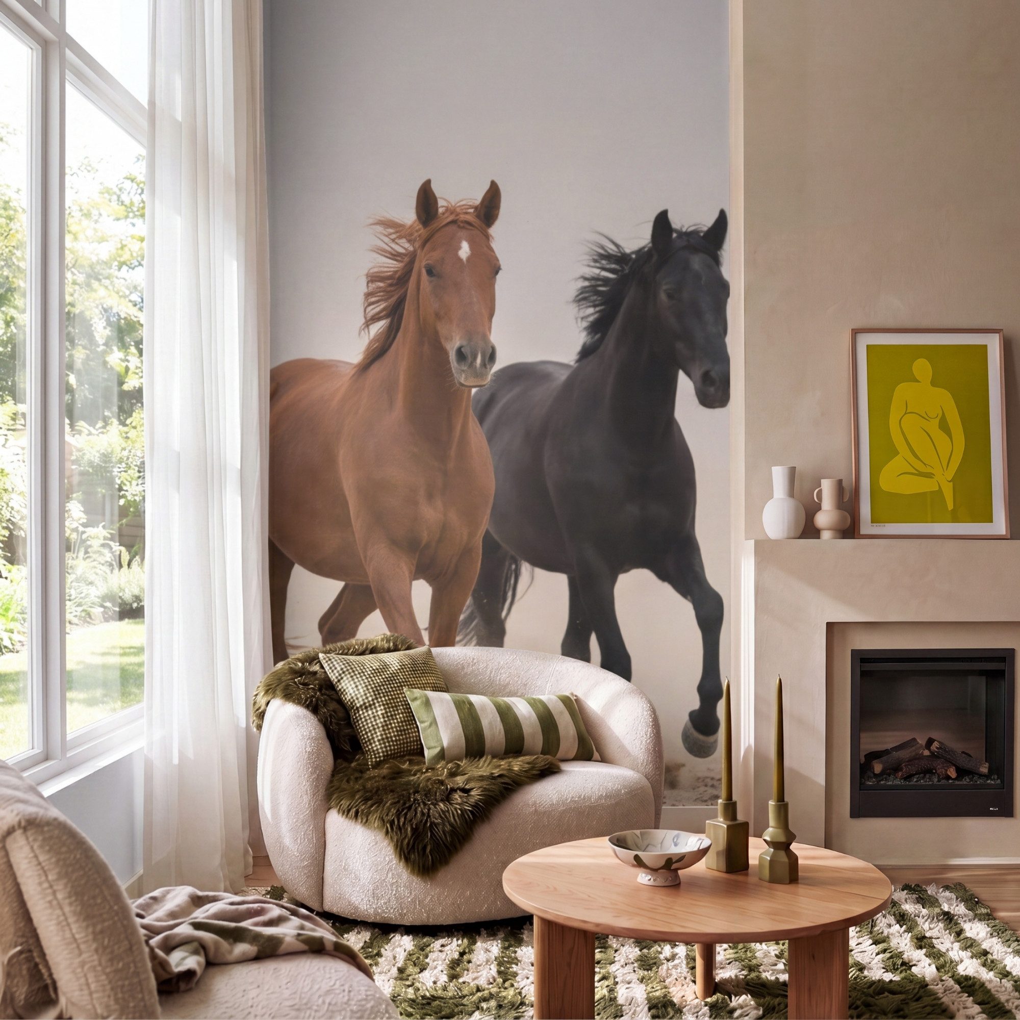 OnlyWow Fototapete Pferdeherde - Staubwolke - Braun - Schwarz, Matt, bedruckt, Wandtapete, bedruckt, Schlafzimmer 120x200cm
