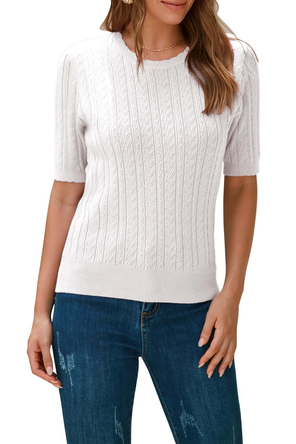 Arach&Cloz Kurzarmpullover Damen Tops Rundhalspullover T-Shirt Strickpullover Streifenpullover Muschelkanten aus Spitze strukturierte Hemden