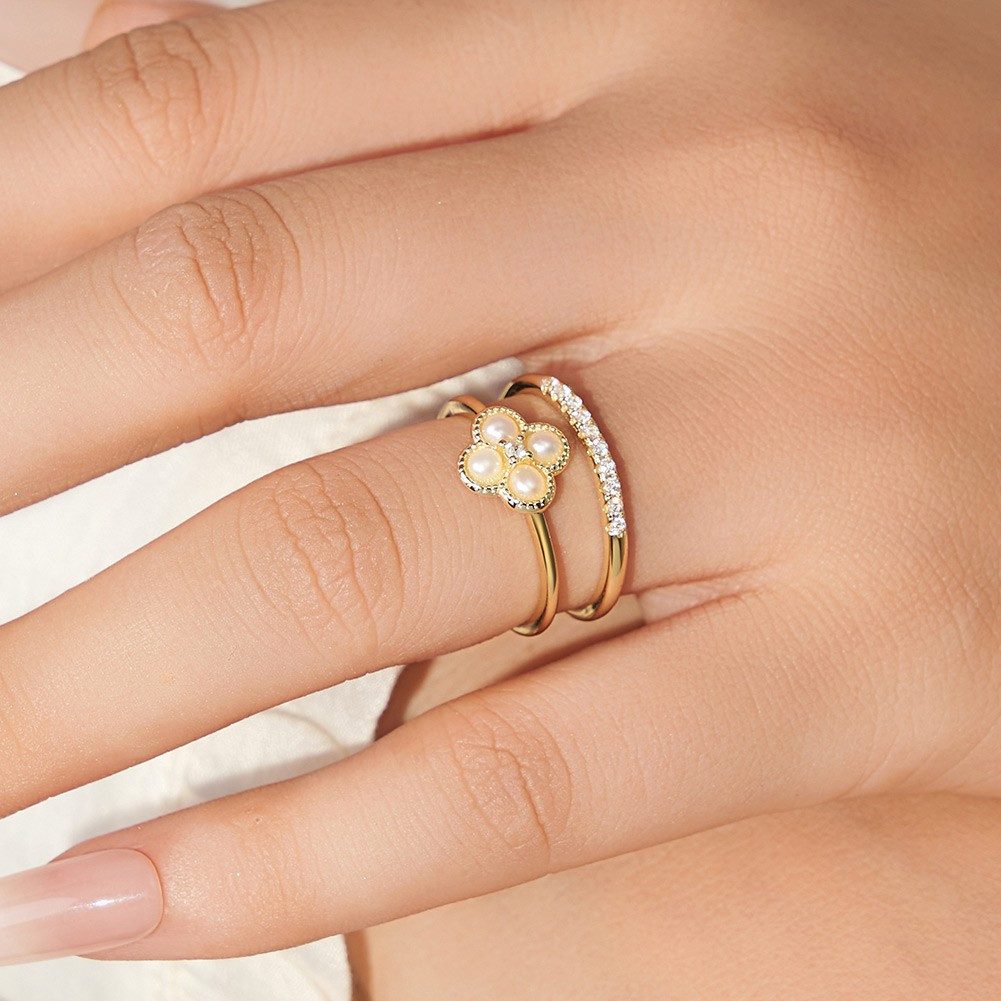 Runde Perlé Silberring zarter Kleeblatt Ring, Perlenring, 925 Sterling Silber 14K Gold, handgefertigter Ring, Süßwasserperlen (inkl. Geschenkverpackung)