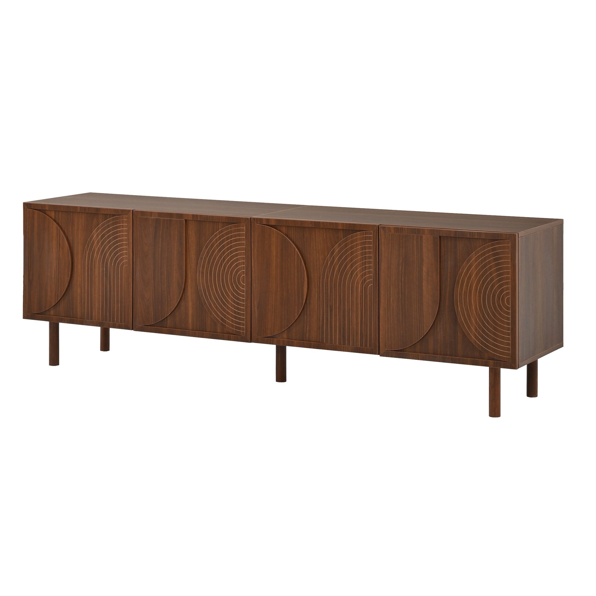 KLAM HOME Lowboard TV-Schrank Walnussholzfarbe 180cm mit 3D-Relief und Soft-Close-Türen (Modernes Lowboard mit 4 Türen, geeignet für Fernseher bis 75 Zoll), Stauraum-TV-Kommode mit Kabeldurchführung für das Wohnzimmer