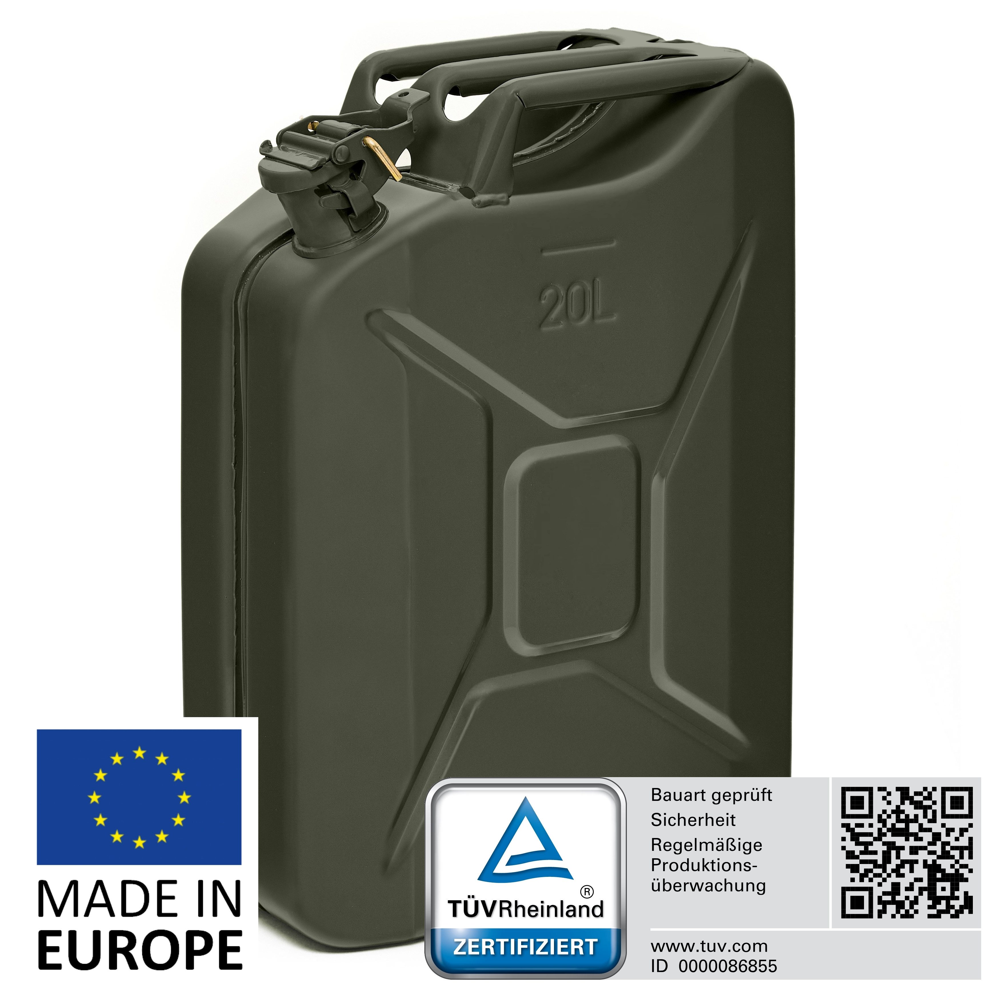 BW Benzinkanister Metall Kraftstoffkanister 20 Liter (nach NATO Standard, Made in Europe), TÜV-geprüft und UN-Zulassung