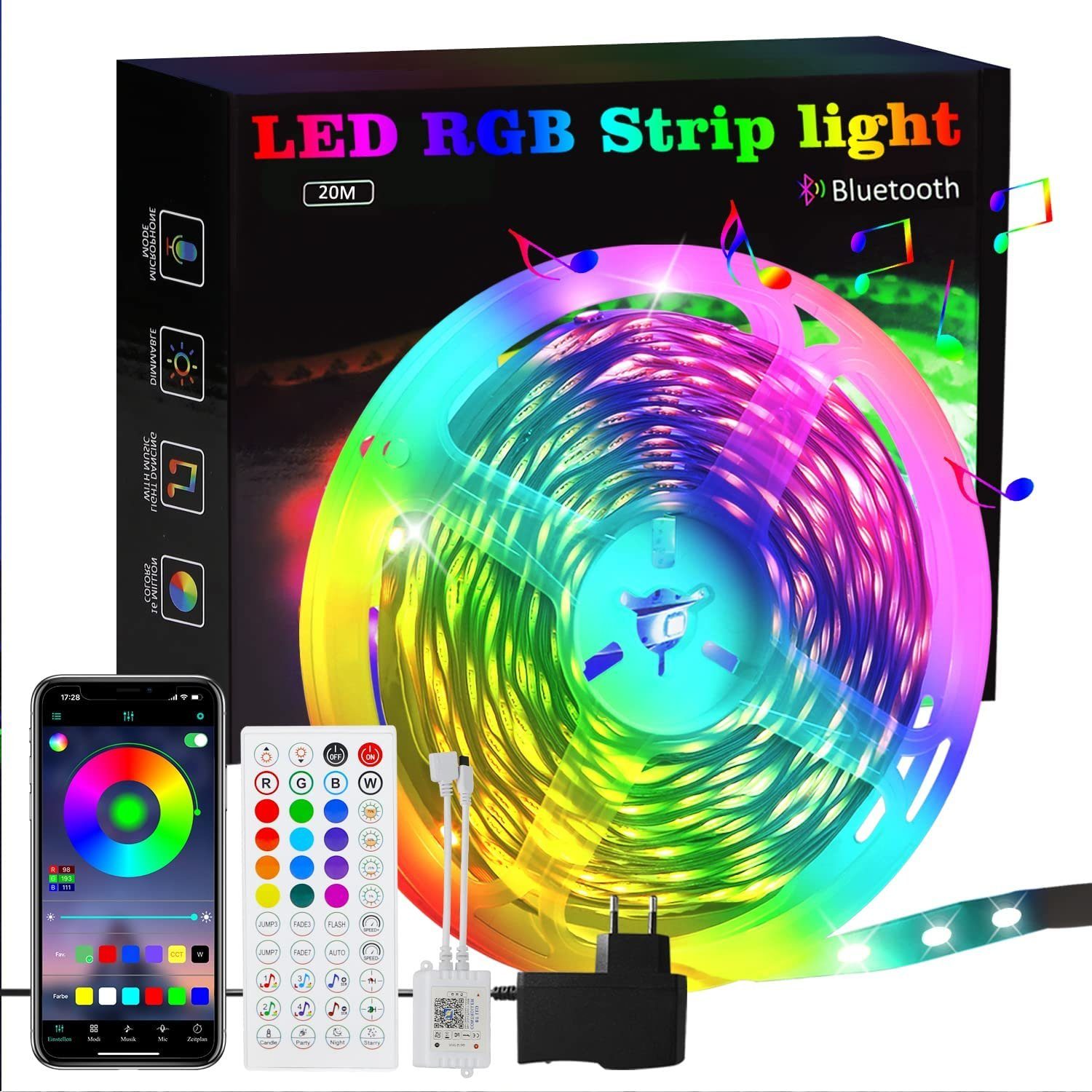 ZMH LED-Streifen RGB einstellbar mit Fernbedienung App LED-Streifen, 1-flammig, 1x 20M, Music Sync