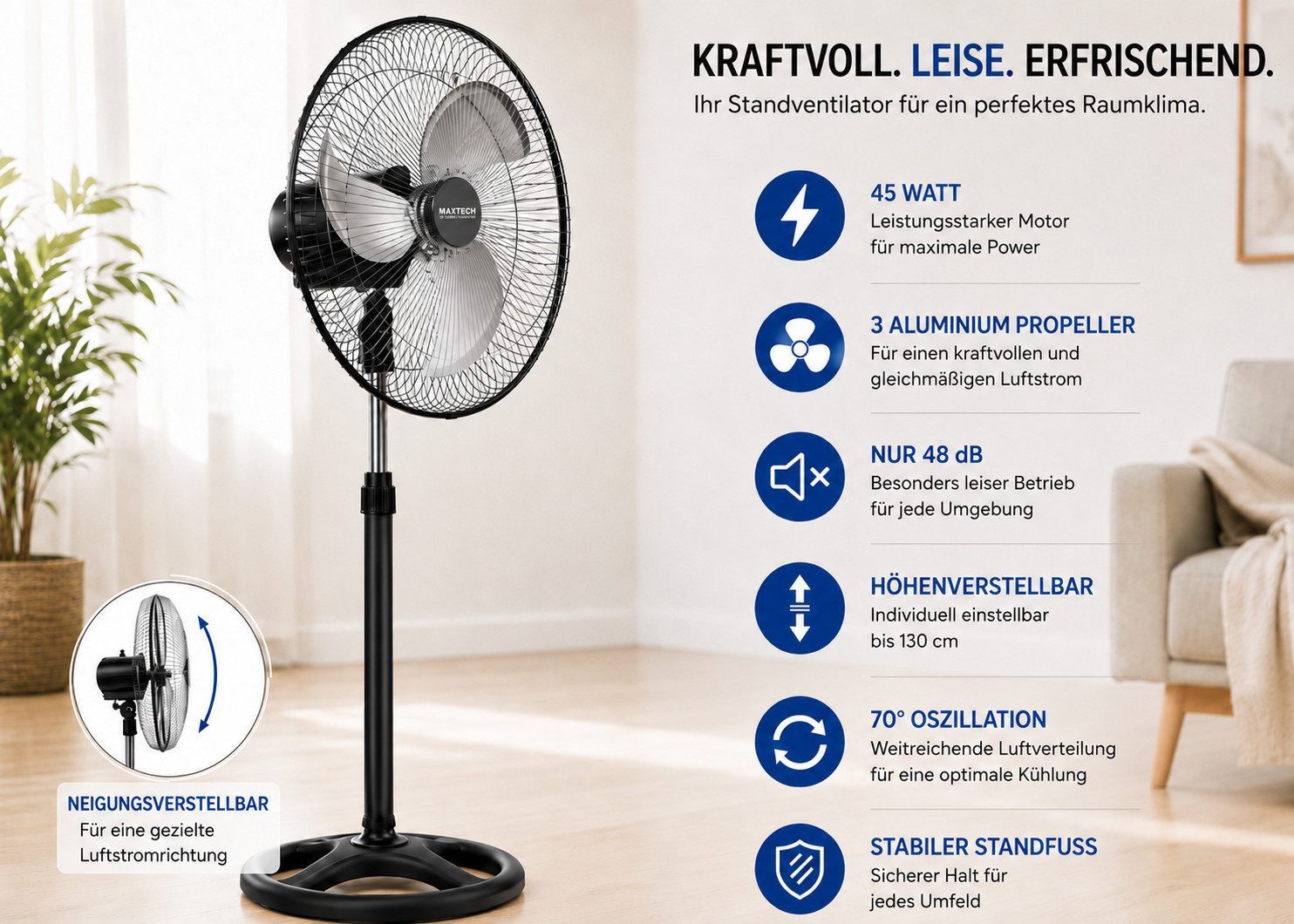 Ertex Standventilator Standventilator Ventilator Kühler 75W Standventilator 130cm STARK