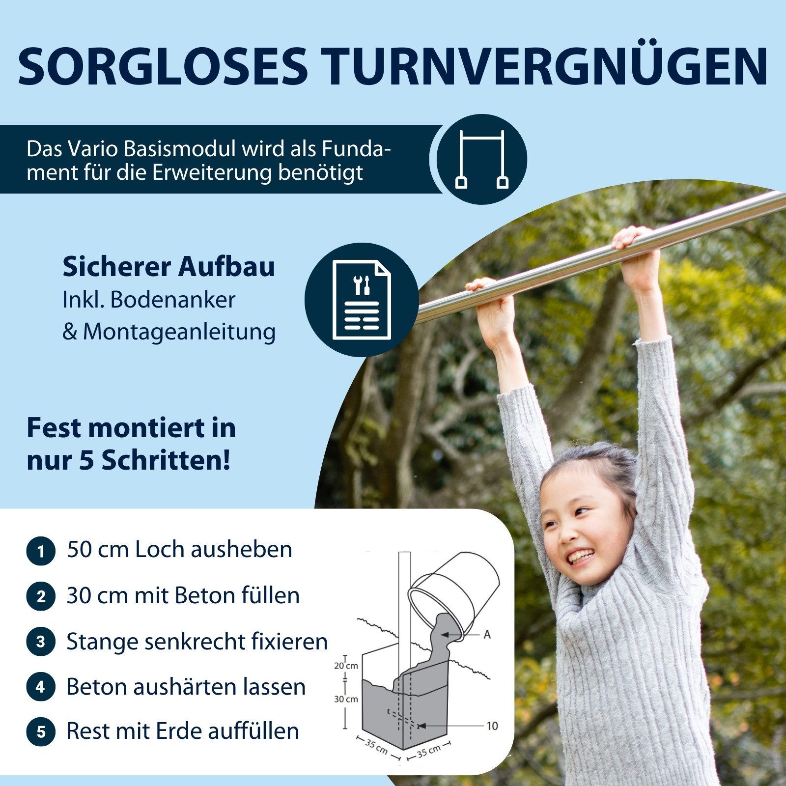 Hudora Turnreck Vario Outdoor/Garten, Reckstange, Turnstange für Kinder & Erwachsene, höhenverstellbar
