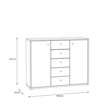 möbelando Kommode Tembi, Moderne Kommode aus Spanplatte in Sonoma-Eiche Nachbildung mit 2 Holztüren, 5 Schubkästen und 4 Einlegeböden. Breite 108,8 cm, Höhe 85,5 cm, Tiefe 34,8 cm