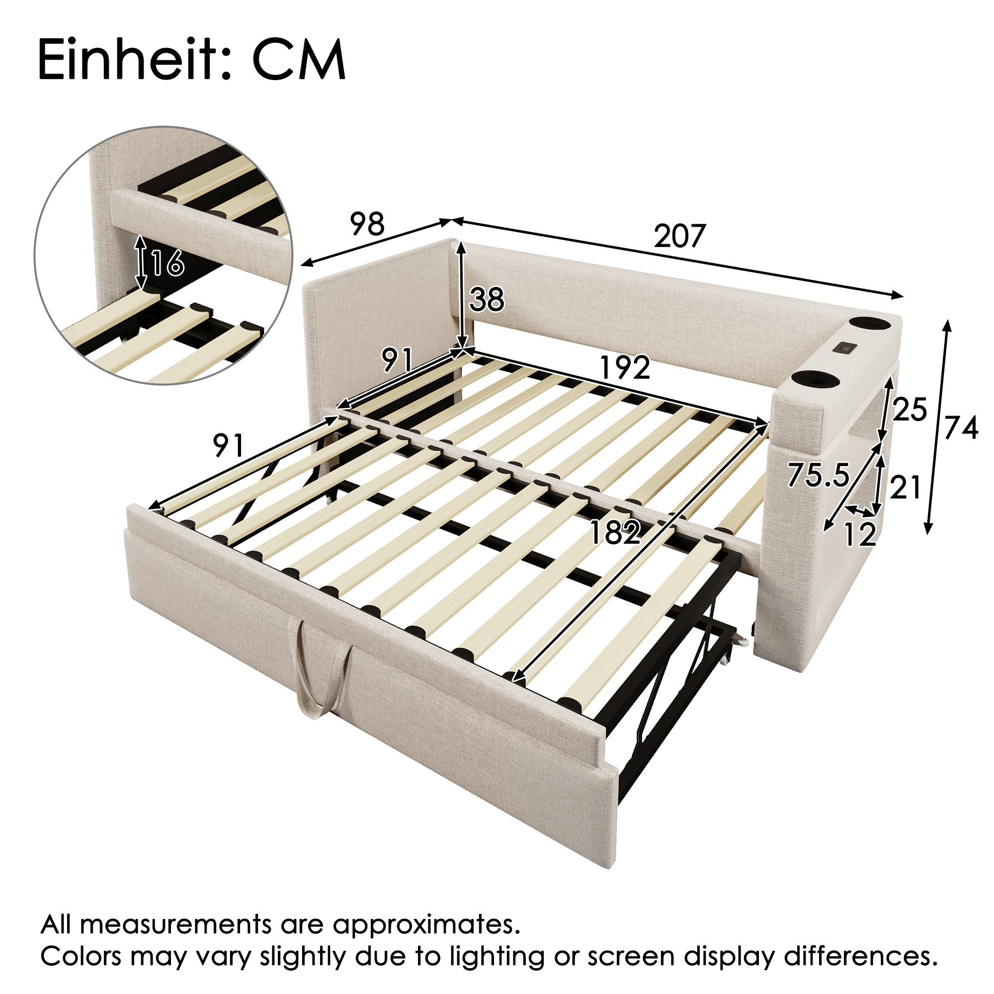 Celya Polsterbett Daybett, Einzelbett Schlafsofa mit Ausziehbett, Leinen-Mi günstig online kaufen