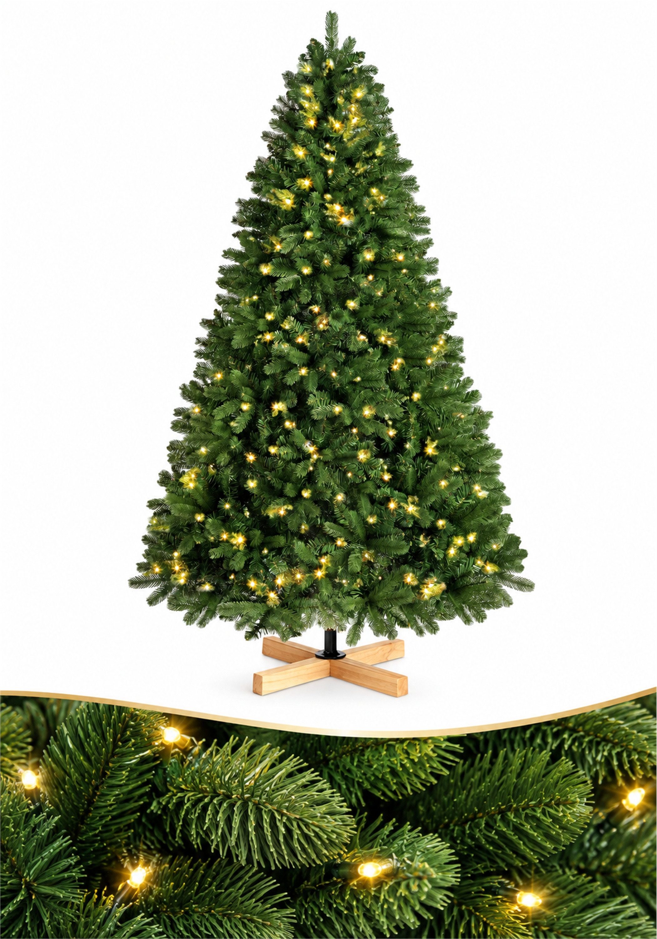 Vankel Künstlicher Weihnachtsbaum mit Beleuchtung, Holzständer, dichter Tannenbaum, grüne Weihnachtsdeko, Dichter Tannenbaum in Grün mit dekorativem Holzfuß und warmem Licht