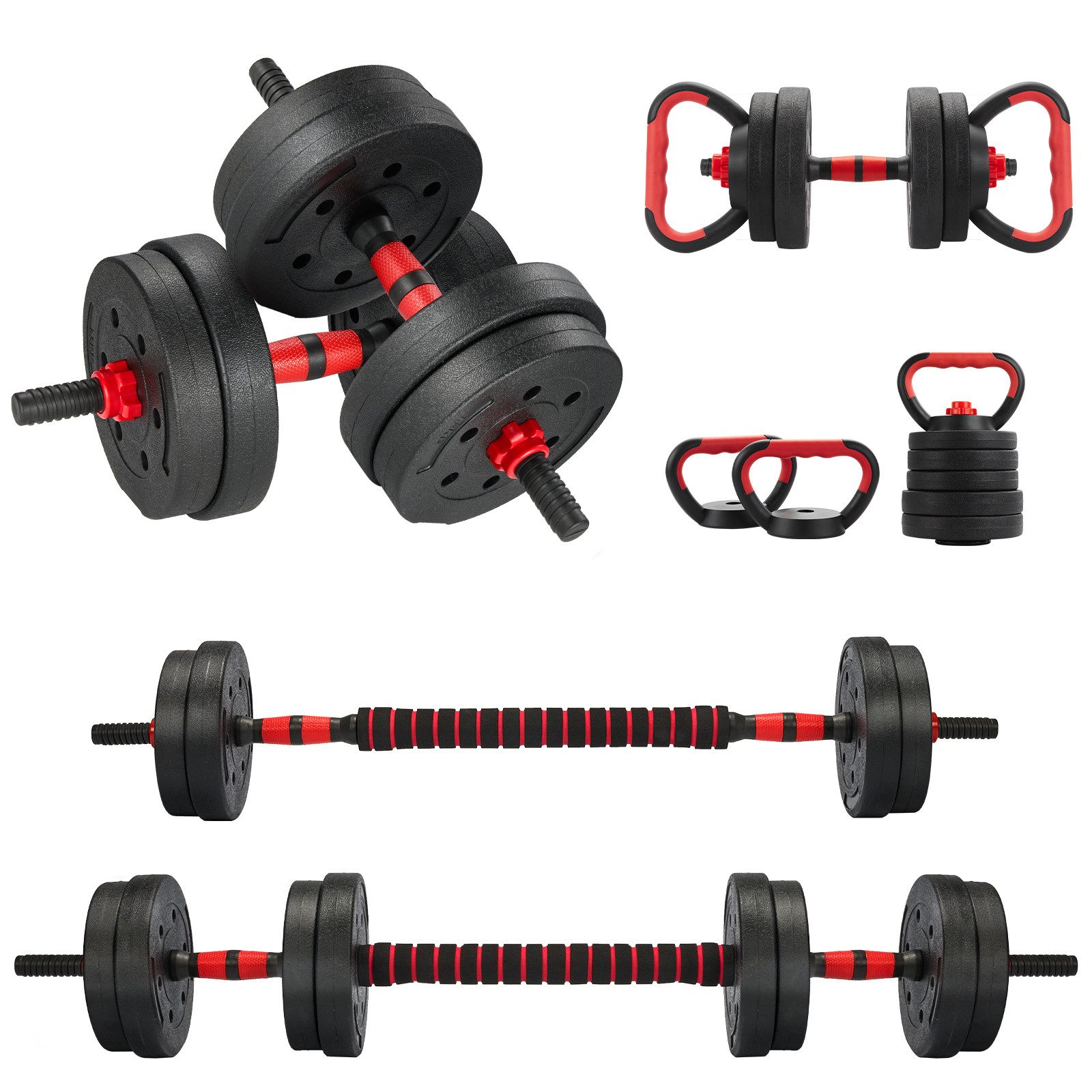 TEENO Hantel-Set 6‑in‑1‑Hantel‑Set für Heim‑Fitness, Verstellbare Gewichte, 15 kg, mit Kugelhanteln, Langhanteln, Liegestütz-Rack