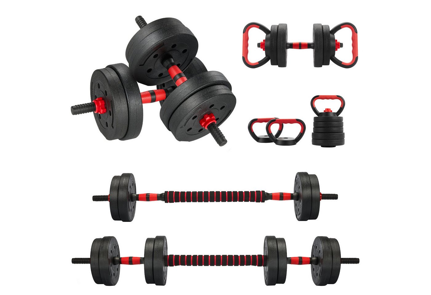 TEENO Hantel-Set 6‑in‑1‑Hantel‑Set für Heim‑Fitness, Verstellbare Gewichte, 15 kg, mit Kugelhanteln, Langhanteln, Liegestütz-Rack