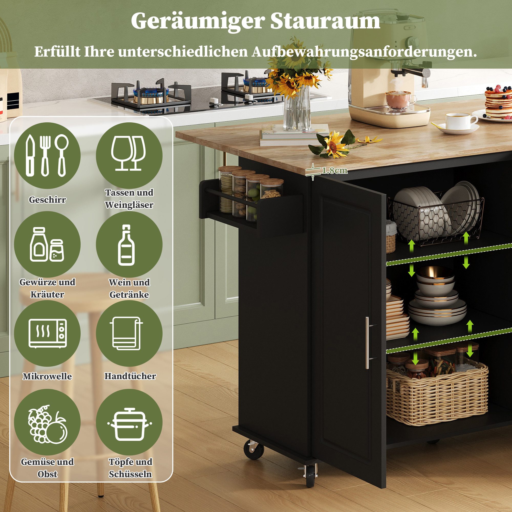 Ulife Kücheninsel Großer mobiler Küchentisch aus Eichenholz – klappbar & multifunktional, 3 Schubladen, Handtuchhalter, für Küche/Esstisch (L137×B43/76×H92cm)