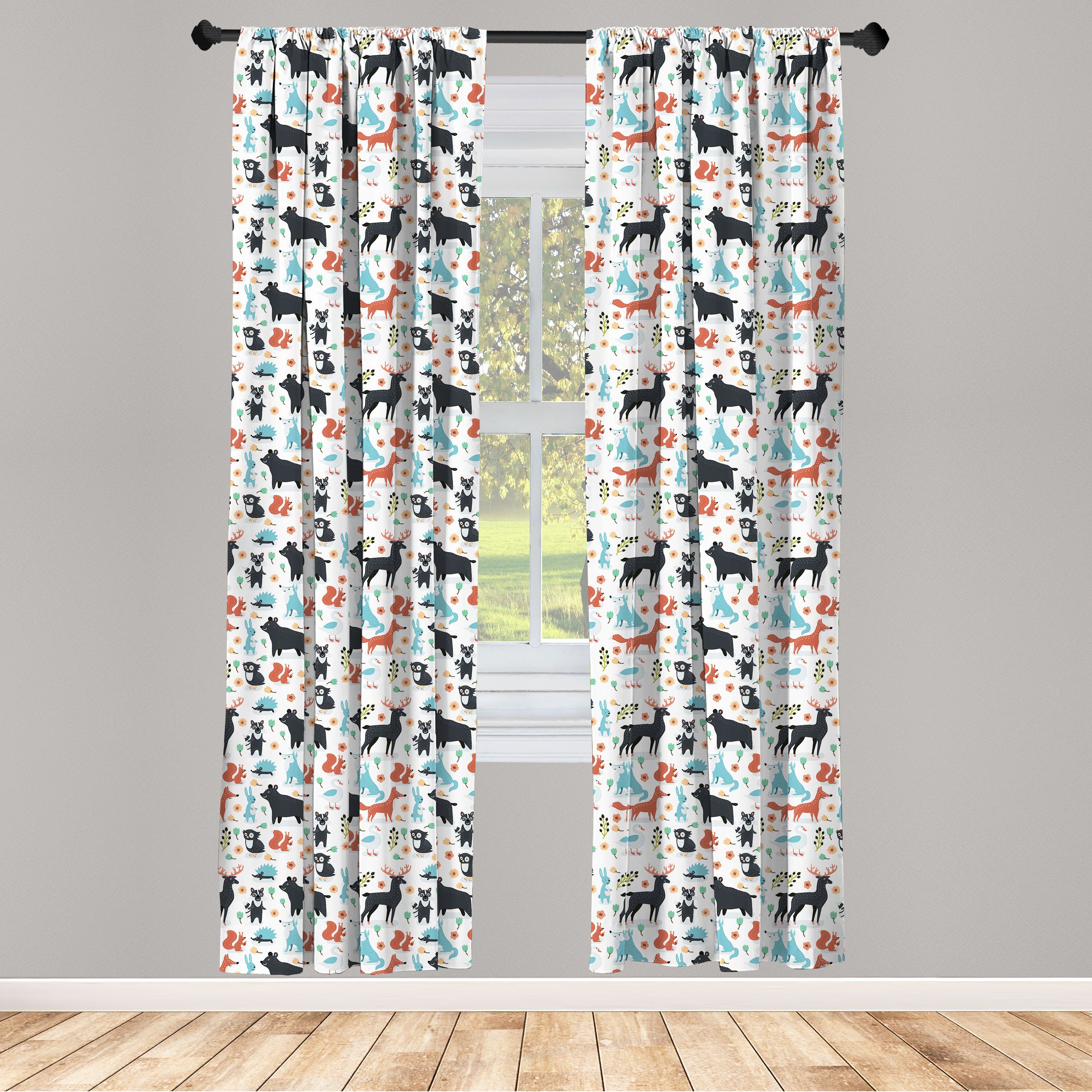 Gardine Vorhang für Wohnzimmer Schlafzimmer Dekor, Abakuhaus, Microfaser, Cartoon-Tier Fox Kaninchen Bär Owl
