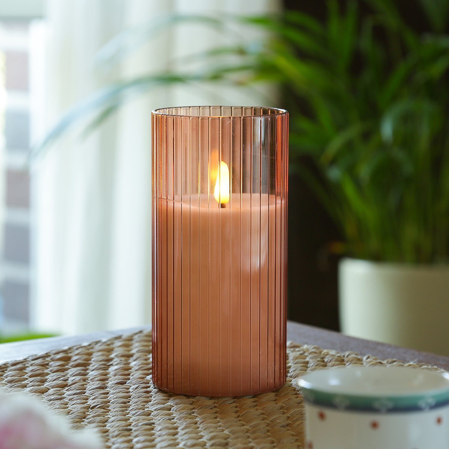 MARELIDA LED-Kerze LED Kerze im Glas Windlicht Echtwachs Timer H: 15cm D: 7,5cm rosa, LED Classic, warmweiß (2100K bis 3000K)