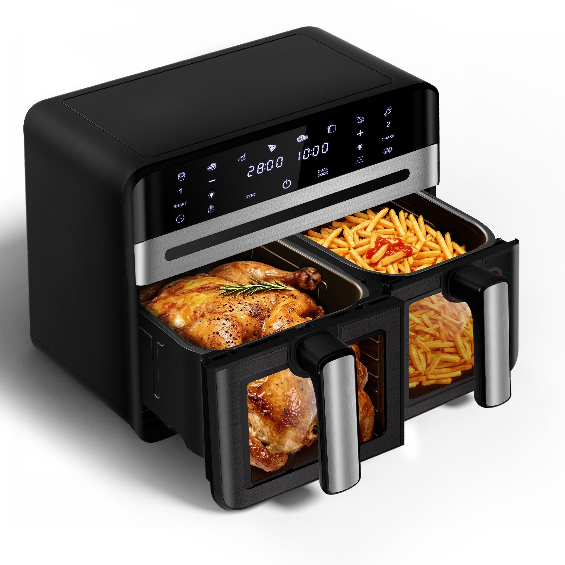 Fukstern Heißluftfritteuse 2 Kammern, 2 Schubladen,Airfryer 11L mit Sichtfenster, Touchdisplay, 8 voreingestellte Programme, unabhängiger Temperaturregelung, Antihaft-Metallkörbe, 5.5L+5.5L, fettarmes gesundes Kochen, 2400 W, 2400 W, inklusive Grillzange (Backzange) und Öl-Pinsel