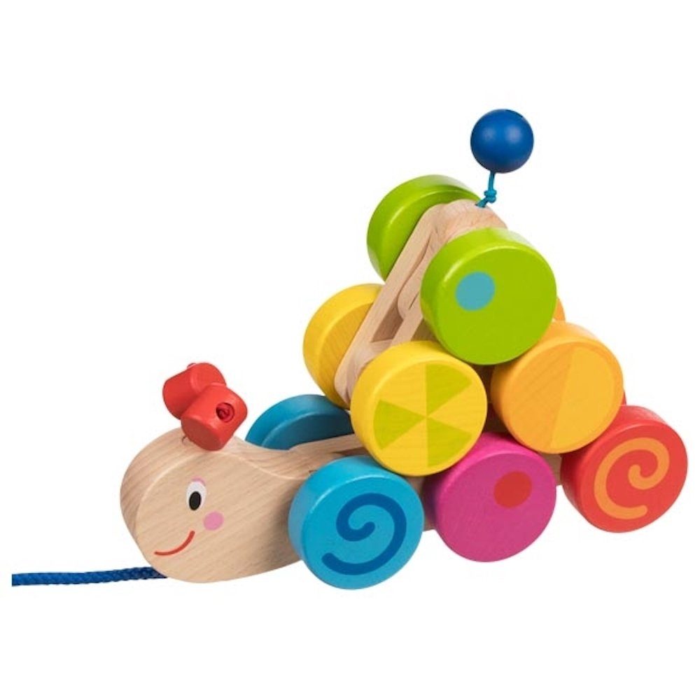 goki Nachziehtier Ziehtier Raupe bunt Holzziehtier 33 cm lang, (Set, 1-tlg), Eine Pyramide stapeln und ziehen der Raupe zugleich