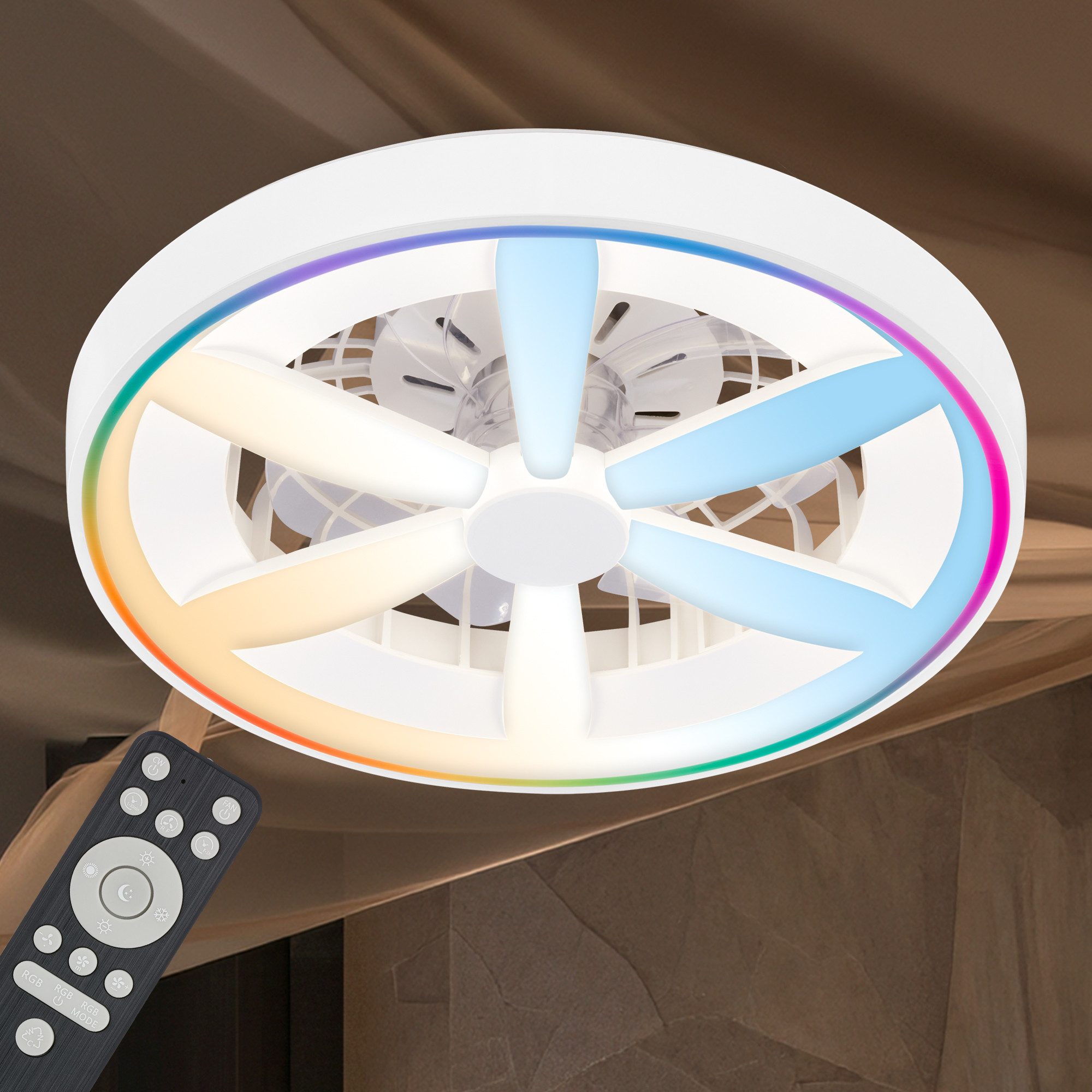 Briloner Leuchten Deckenleuchte LED Deckenventilator mit Licht Sommer/Winter Leiser Motor Dimmbar, LED fest integriert, CCT Farbtemperatursteuerung - Warm-/Neutral-/Kaltweiß, 48 x 15 cm (DxH), Schlafzimmer, Wohnzimmer, Esszimmer, Flur, Küche