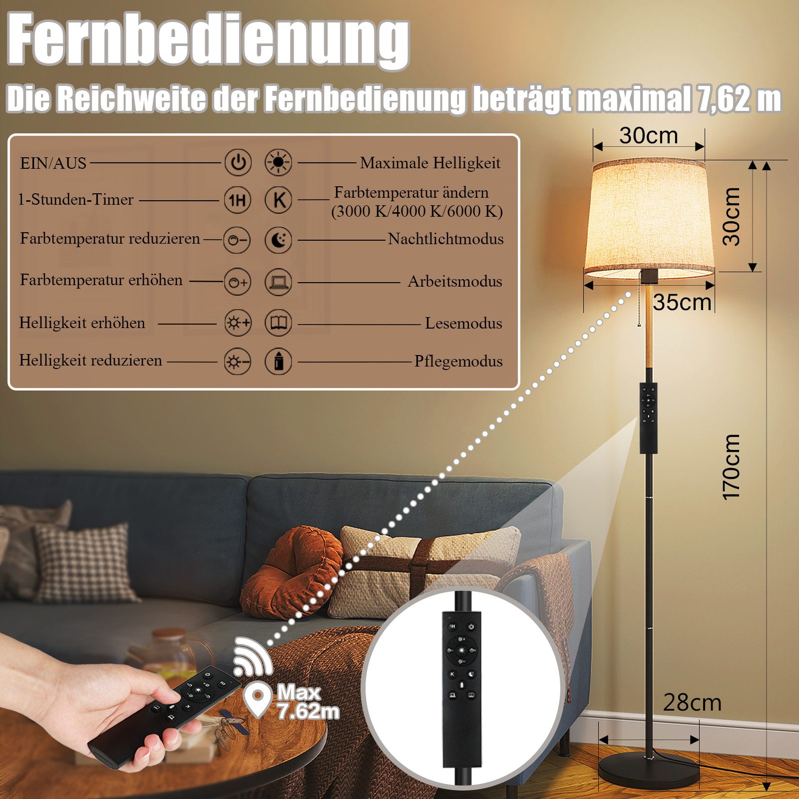 TLGREEN Stehlampe mit Smart LED-Birne & Fernbedienung, 170cm Hohe Standleuchte inkl. 9W LED, E27 Fassung, Für Wohnzimmer, Schlafzimmer, Büro – Bild 4 von 5