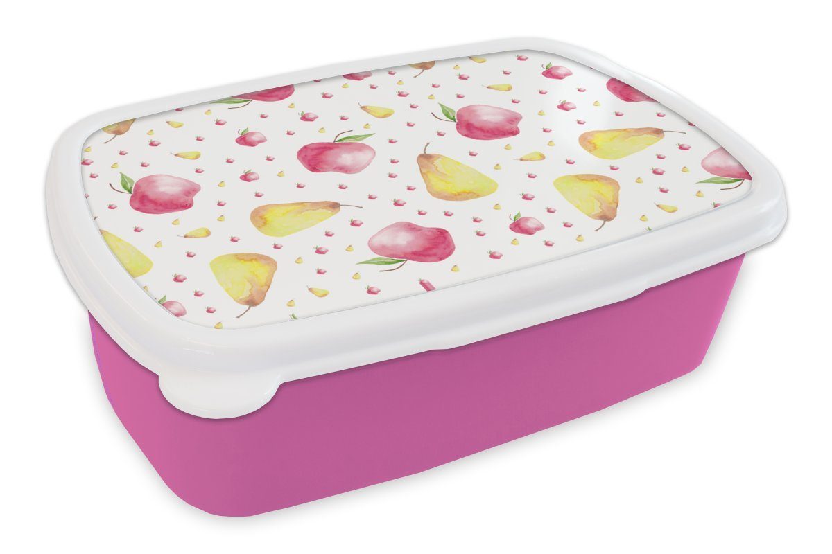 MuchoWow Lunchbox Birnen - Äpfel - Aquarell, Kunststoff, (2-tlg), Brotbox für Erwachsene, Brotdose Kinder, Snackbox, Mädchen, Kunststoff rosa