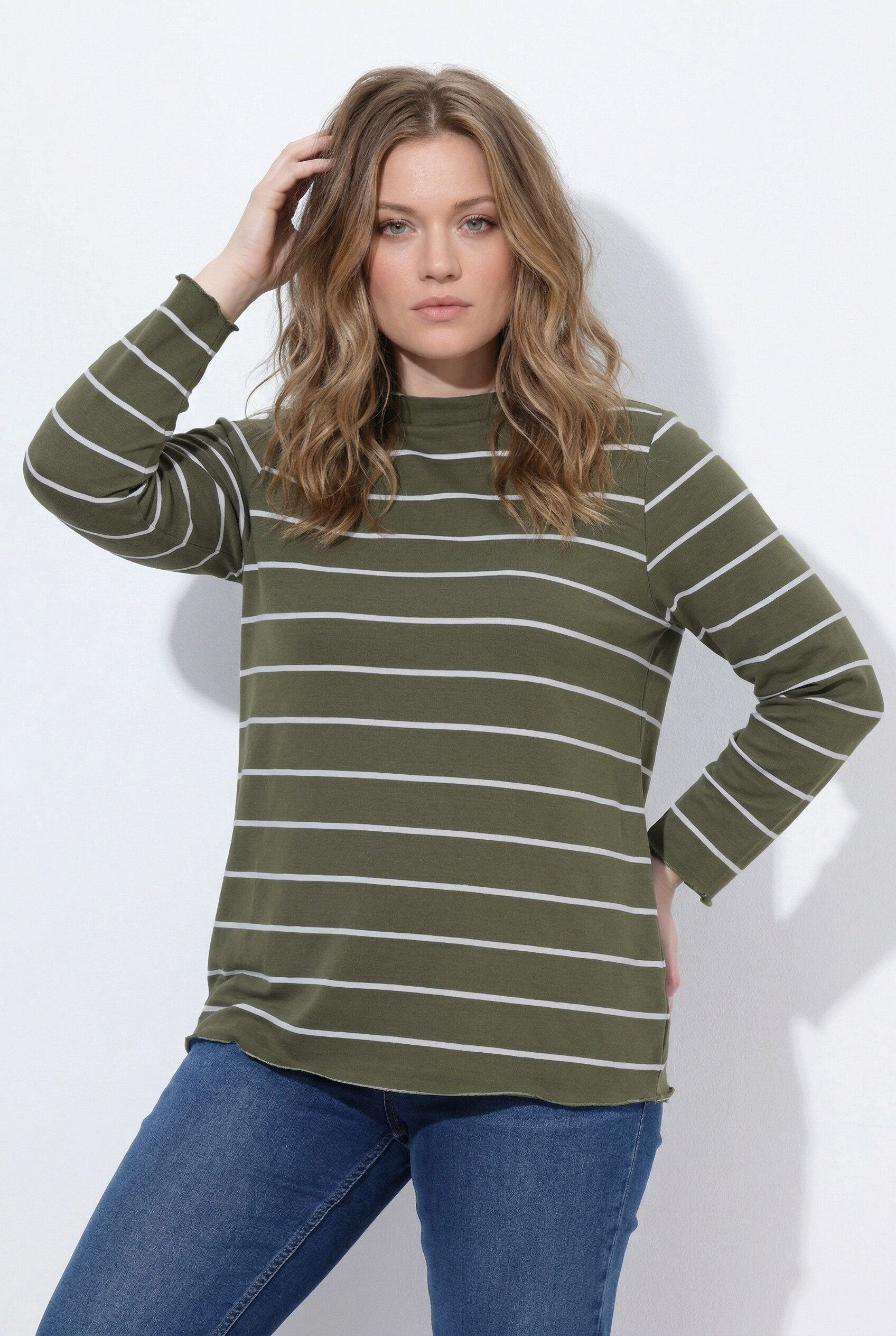 Ulla Popken Longsleeve Shirt Rippjersey Stehkragen Langarm Biobaumwolle