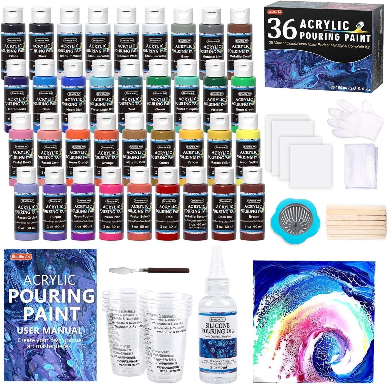 Shuttle Art Pinselstift Pouring Acrylfarben Set 36 Farben Flaschen Silikonöl Leinwand