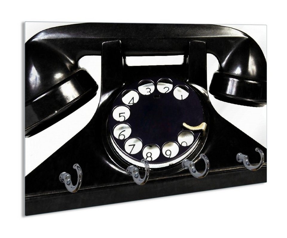 Wallario Handtuchhalter Altes schwarzes Retro-Telefon mit Wählscheibe  frontal, aus Glas mit 4 Metallhaken, magnetische Oberfläche