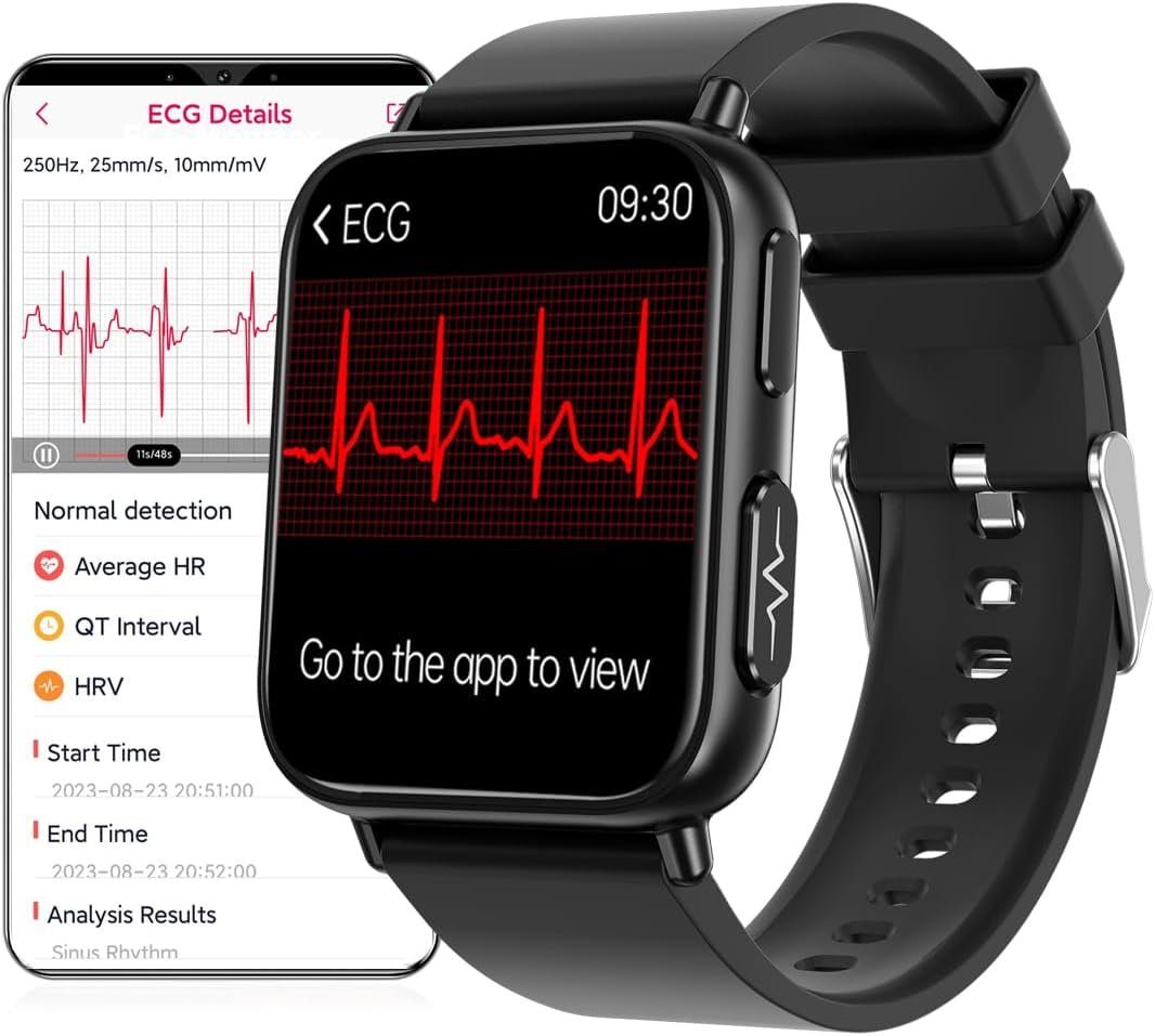 DigiKuber Smartwatch (1,91 Zoll, Android, iOS), mit ECG, Blutdruck, SpO2,  Herzfrequenz, Körpertemperatur, Nachrichten
