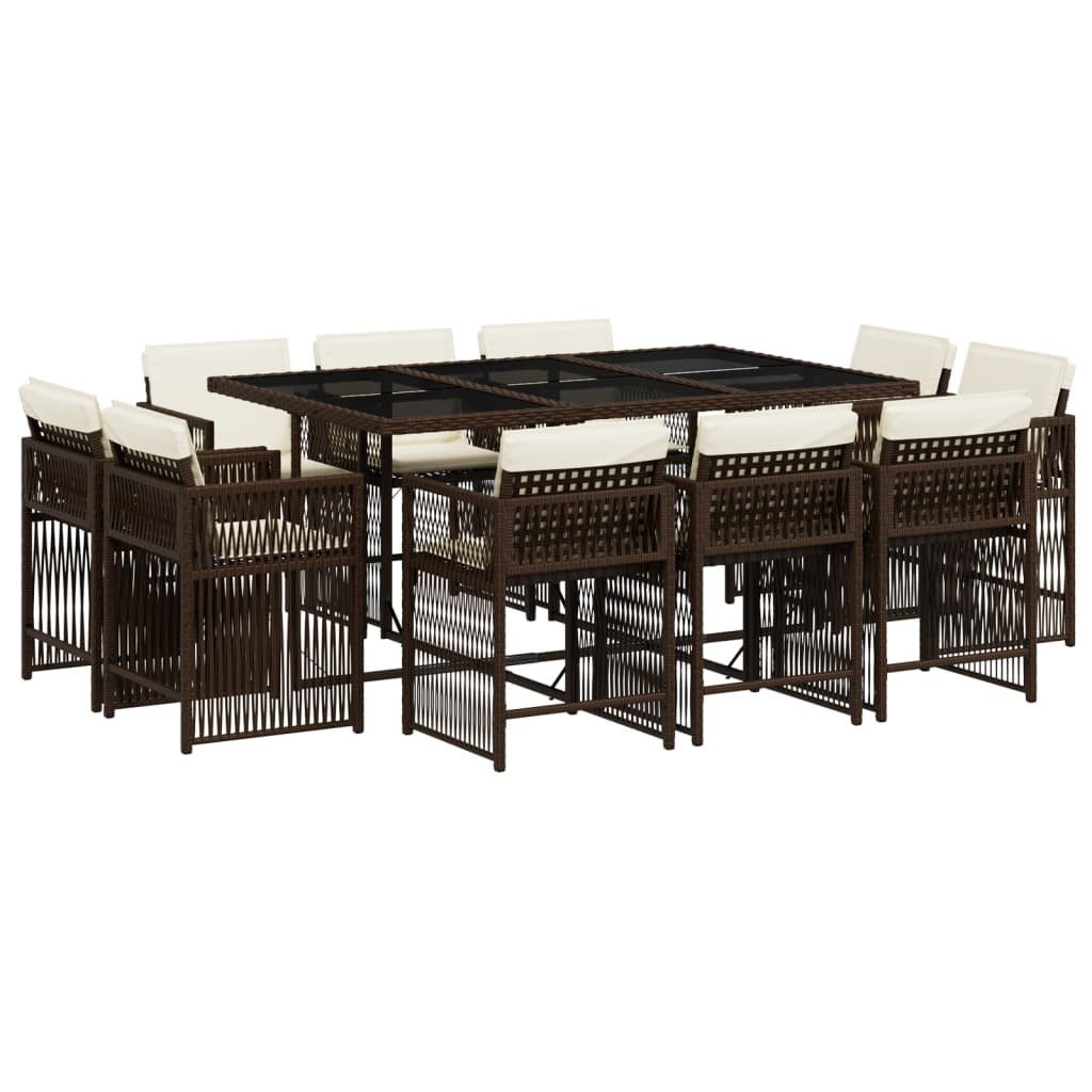 vidaXL Garten-Essgruppe 11-tlg. Garten-Essgruppe mit Kissen Braun Poly Rattan, (10-tlg)