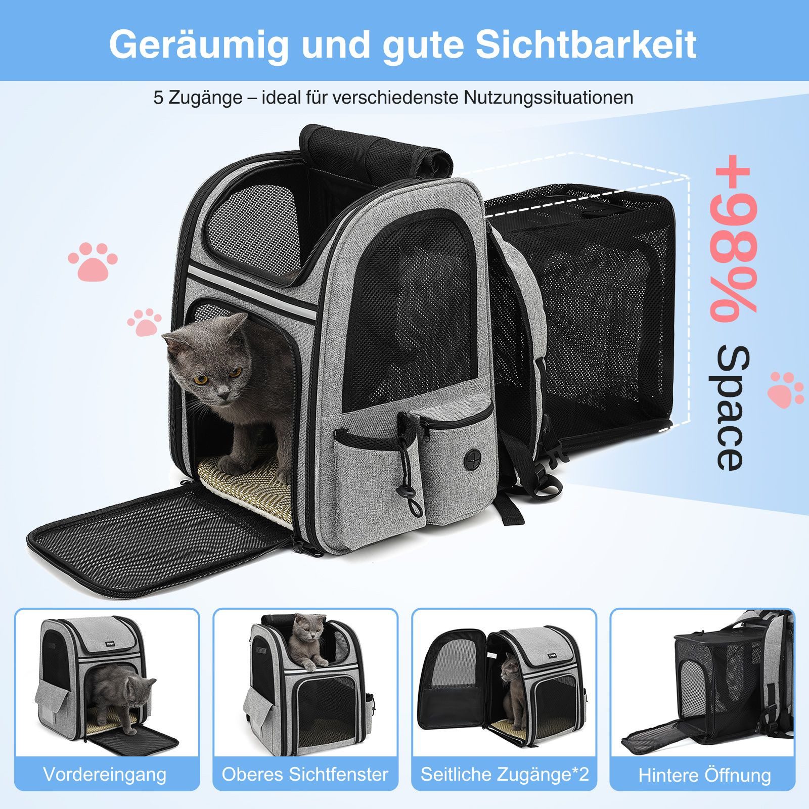 Dogat Tiertransporttasche Tiertransporttasche mit Mesh-Fenstern XXL Katzenrucksack – Faltbar bis 8 kg, BxTxH: 28 x 34 x 41 cm