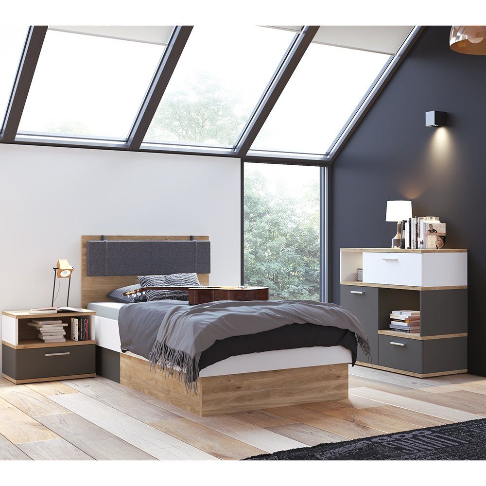 mit TOMAR-129, weiß Bett, 3-tlg), mit Beleuchtung, 90x200cm mit (Sparset, Sideboard Eiche Jugendzimmer-Set Lomadox und grau