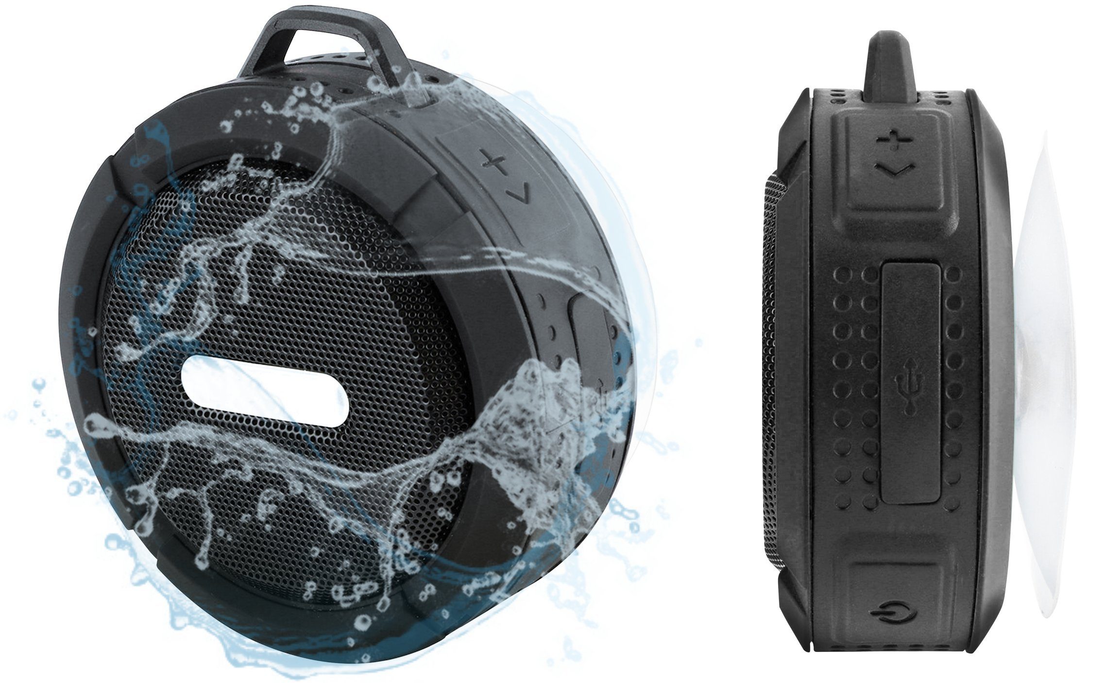 EAXUS Mini Speaker mit Saugnapf für die Dusche Bluetooth-Lautsprecher ( Bluetooth, Spritzwassergeschützt, mit microSD-Slot für MP3s,  Freisprechfunktion)