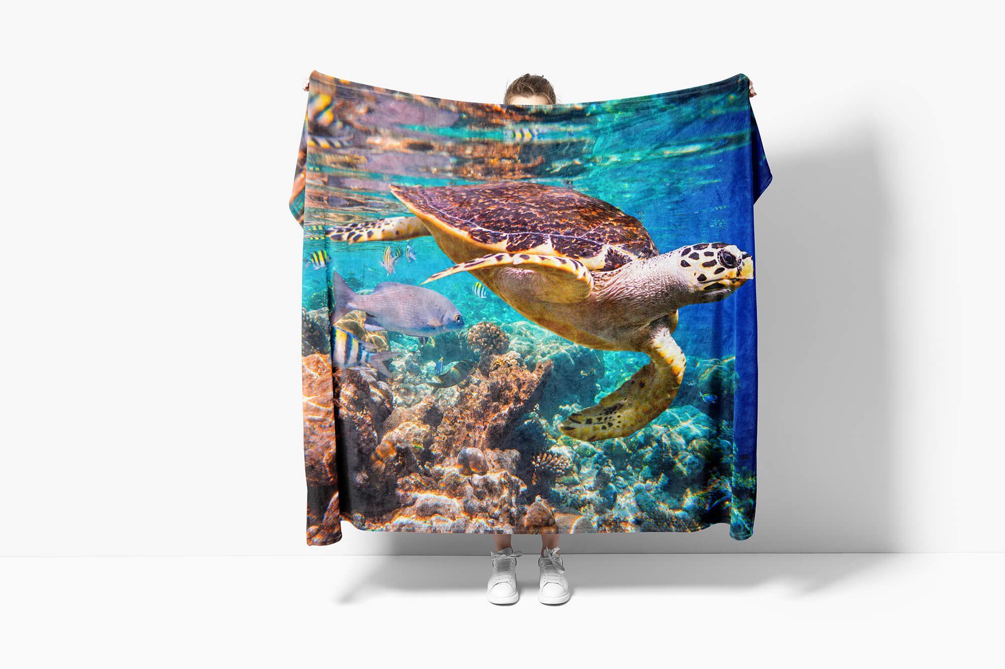 Sinus Art Handtücher Handtuch Strandhandtuch Seeschildkröte Kor, mit Handtuch Baumwolle-Polyester-Mix Tiermotiv Kuscheldecke Saunatuch (1-St)