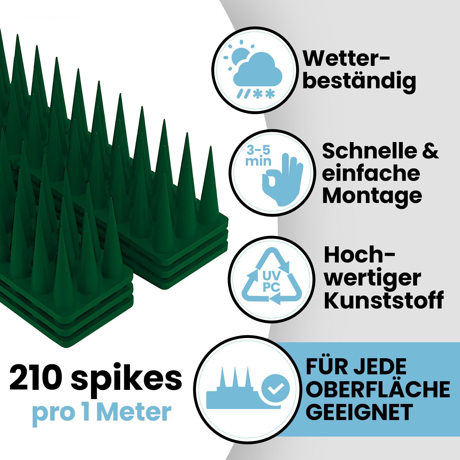 KONZEPT Taubenspikes Taubenabwehr Spikes Vogel, Katzen - für Balkon, Zaun - aus Kunststoff, 3-St., Gesamtlänge: 1,5 Meter, UV-beständig