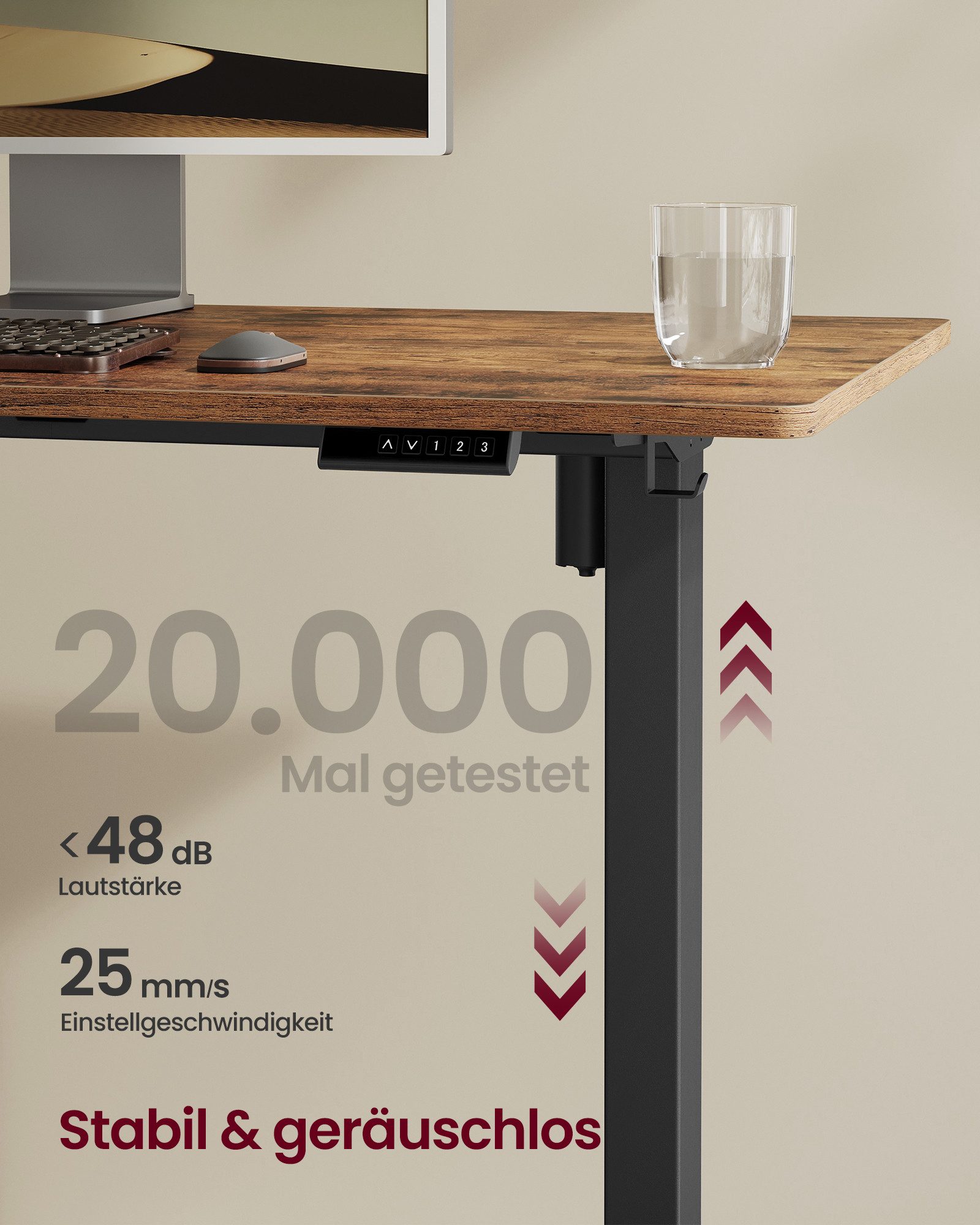 VASAGLE Schreibtisch Höhenverstellbarer Tischgestell, Elektrisch, mit 2 Haken, 4 Rollen, Memory-Funktion mit 3 Höhen – Bild 5 von 5