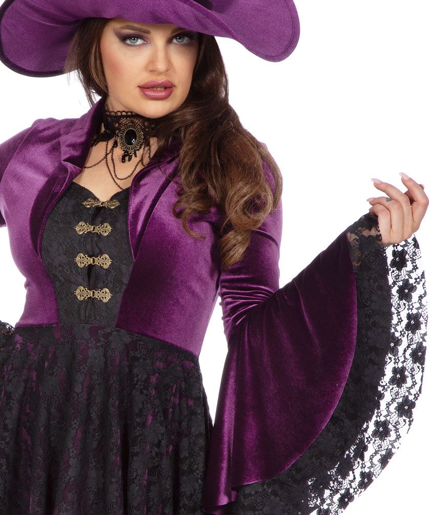 Karneval-Klamotten Hexen-Kostüm Damen Samt lila schwarz kurz hochwerig, Halloweenkostüm Frauenkostüm Hexe Damenkostüm Hexenkleid