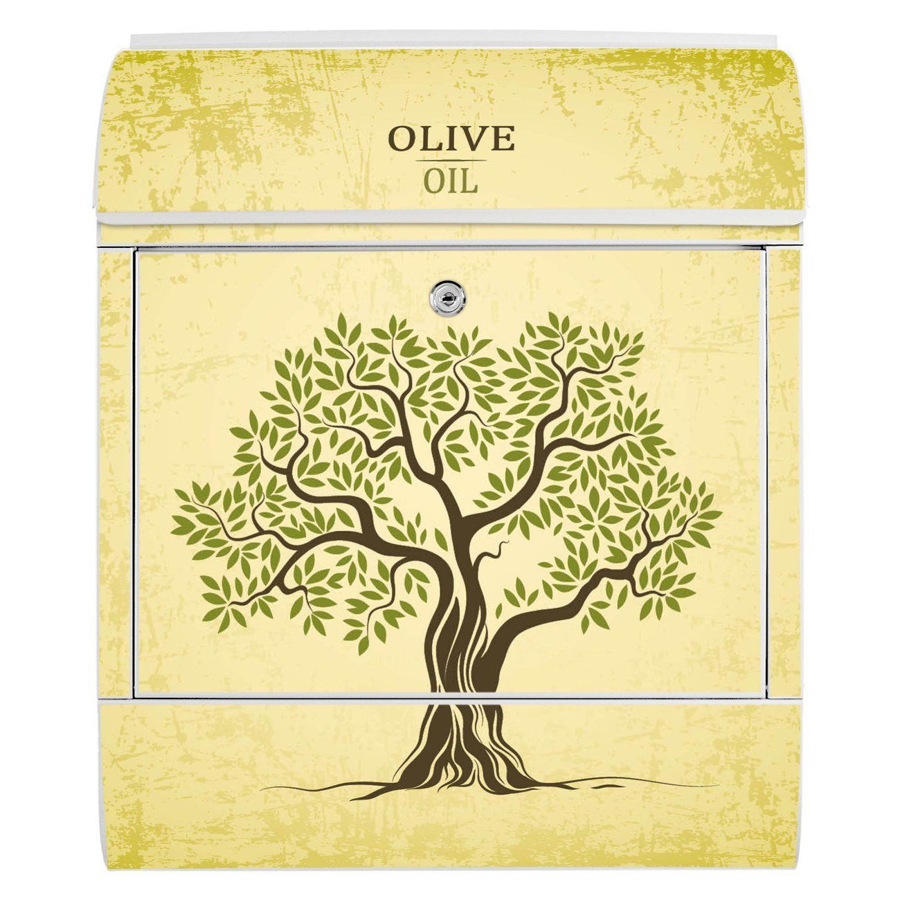 Stahl Wandbriefkasten 47 weiß Olivenbaum 14cm x 39 Zeitungsfach), (Wandbriefkasten witterungsbeständig, x pulverbeschichtet, banjado mit