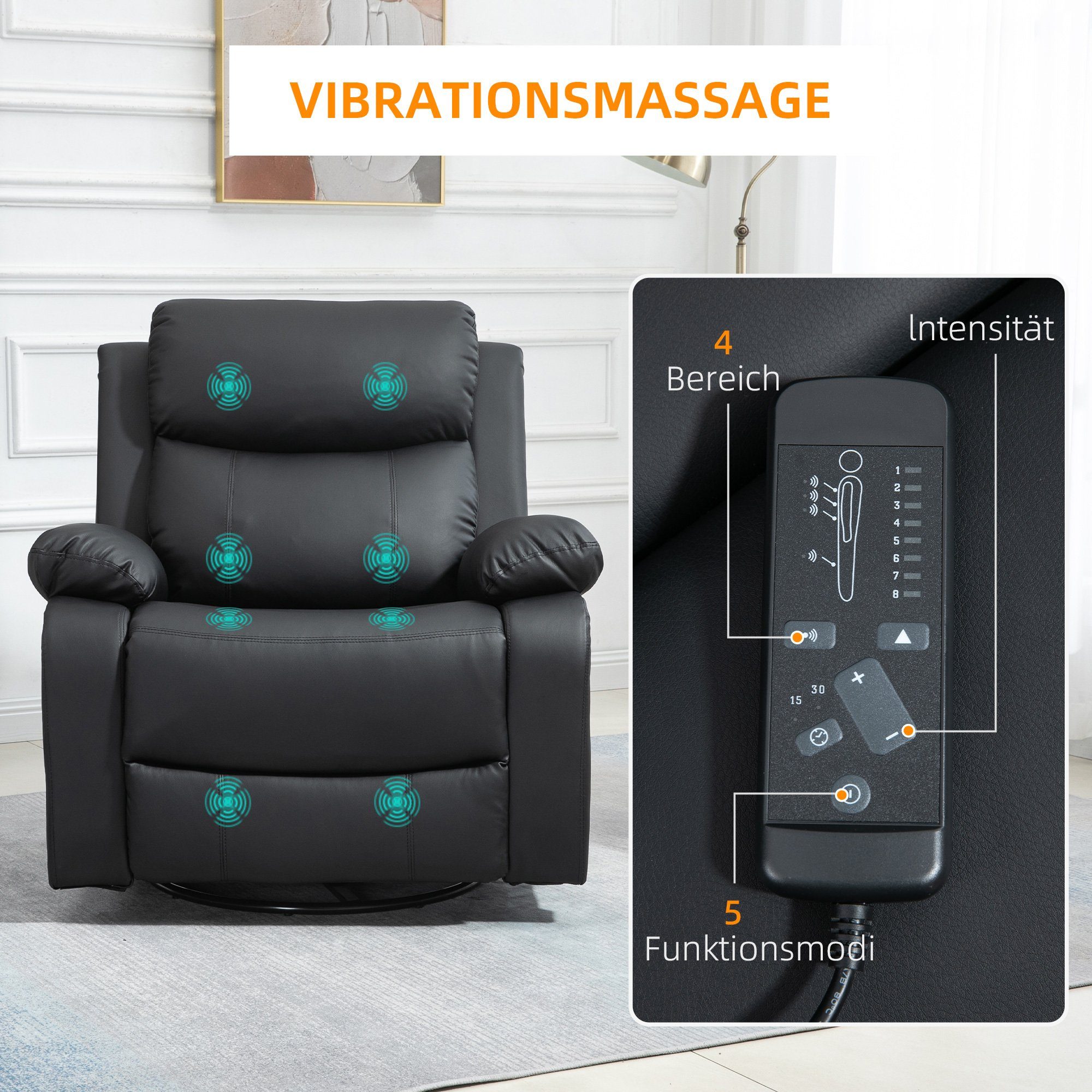 TV-Sessel 8 Fernbedienung Vibrationsköpfen, 1-St., mit Massagesessel HOMCOM Relaxsessel), Drehbar (Fernsehsessel,