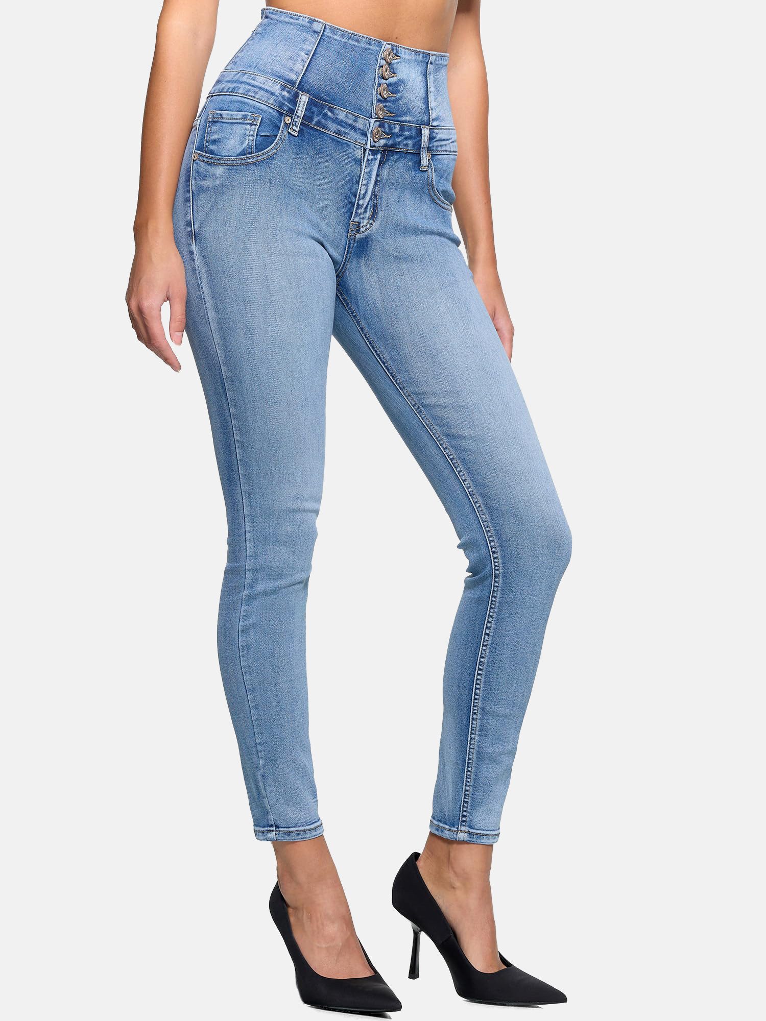 Elara Slim-fit-Jeans High Waist Skinny Jeans Damen mit Push Up Effekt & Knopfleiste