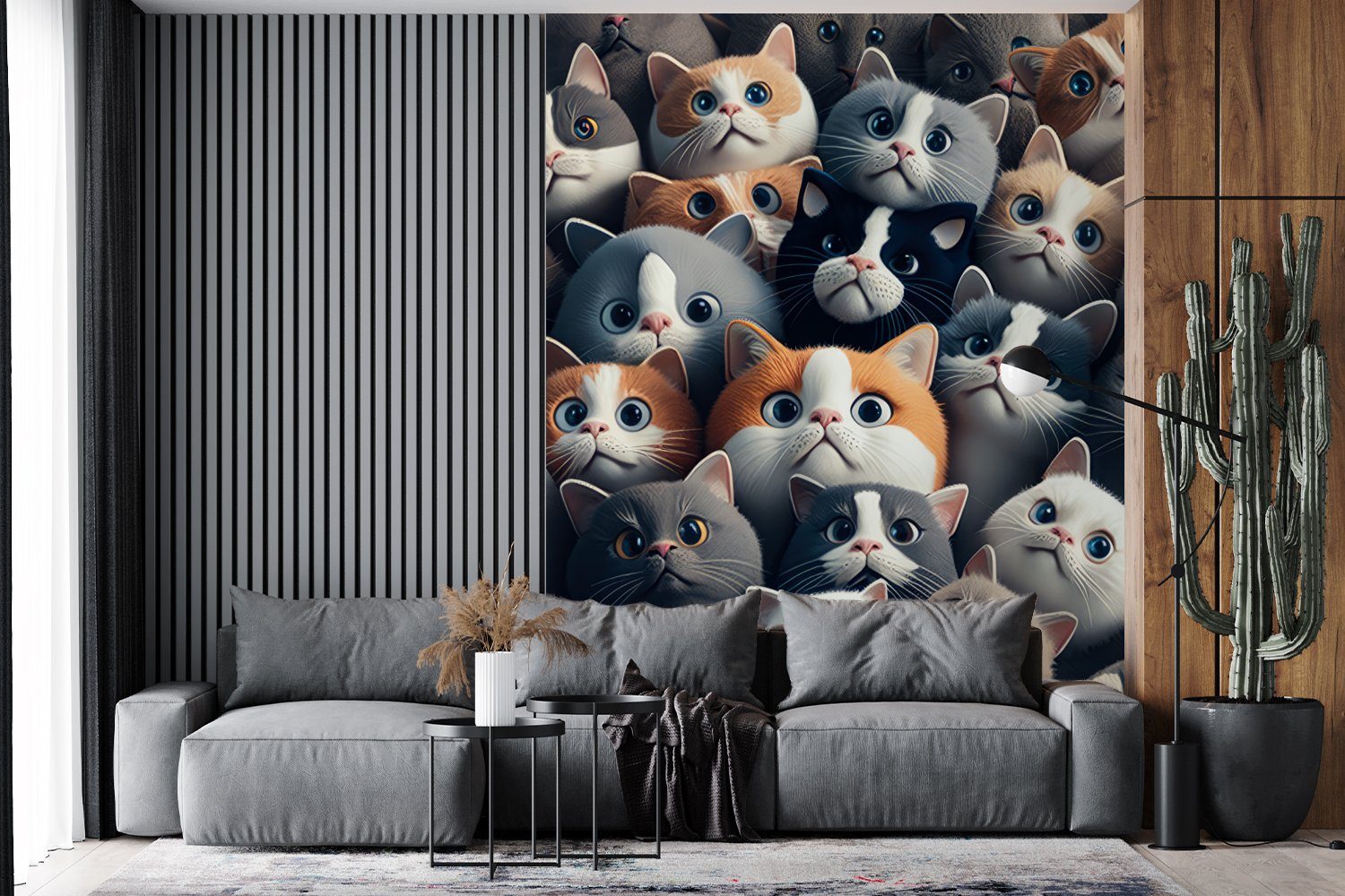 Vinyl - Wohnzimmer, (4 Wandtapete Muster Kind, bedruckt, - Montagefertig für Katze St), Grau Tapete - - Tiere Fototapete - Matt, Katze MuchoWow