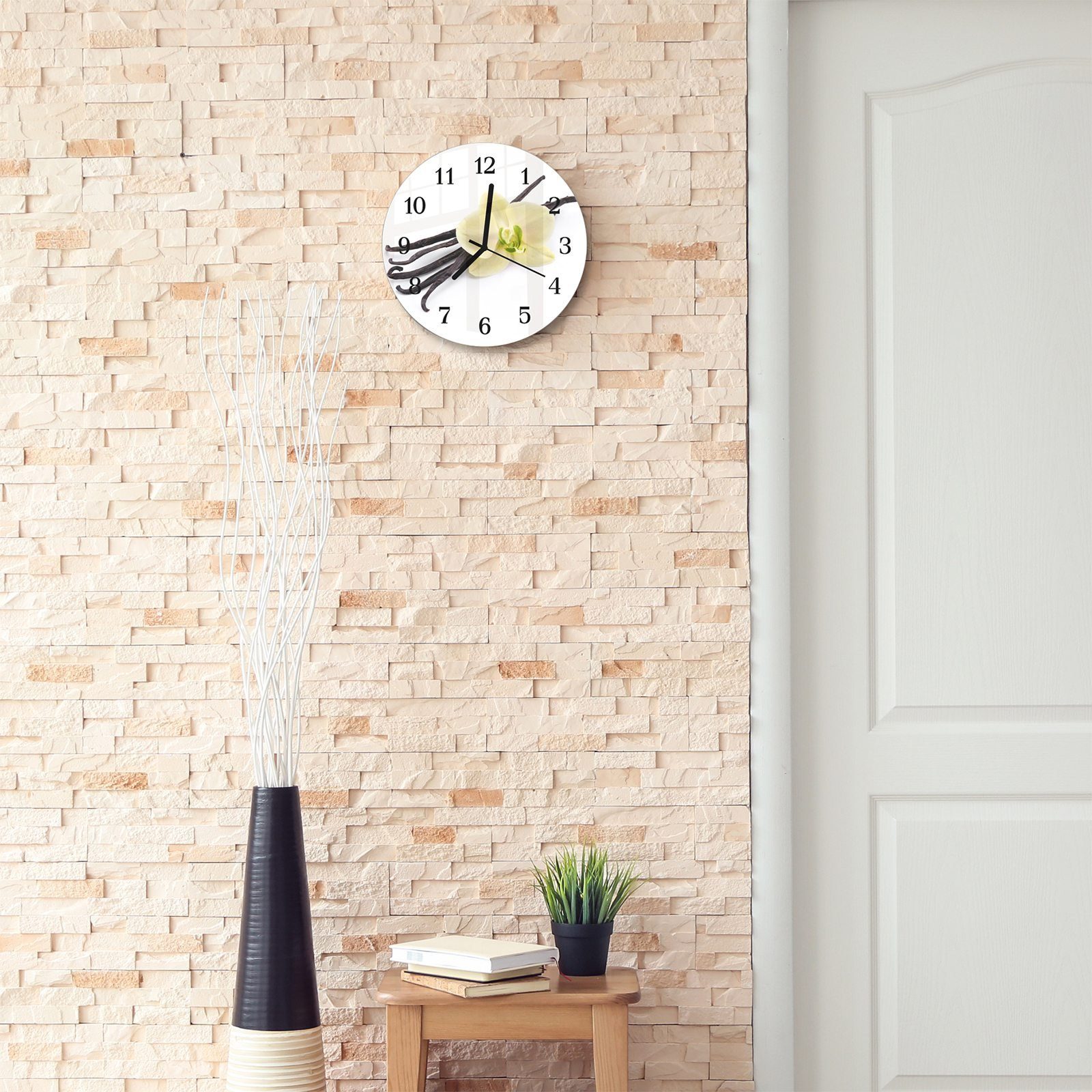 Primedeco Wanduhr Wanduhr aus und und - Durchmesser Glas Blüten Vanilleschoten mit Motiv mit Quarzuhrwerk Rund cm 30