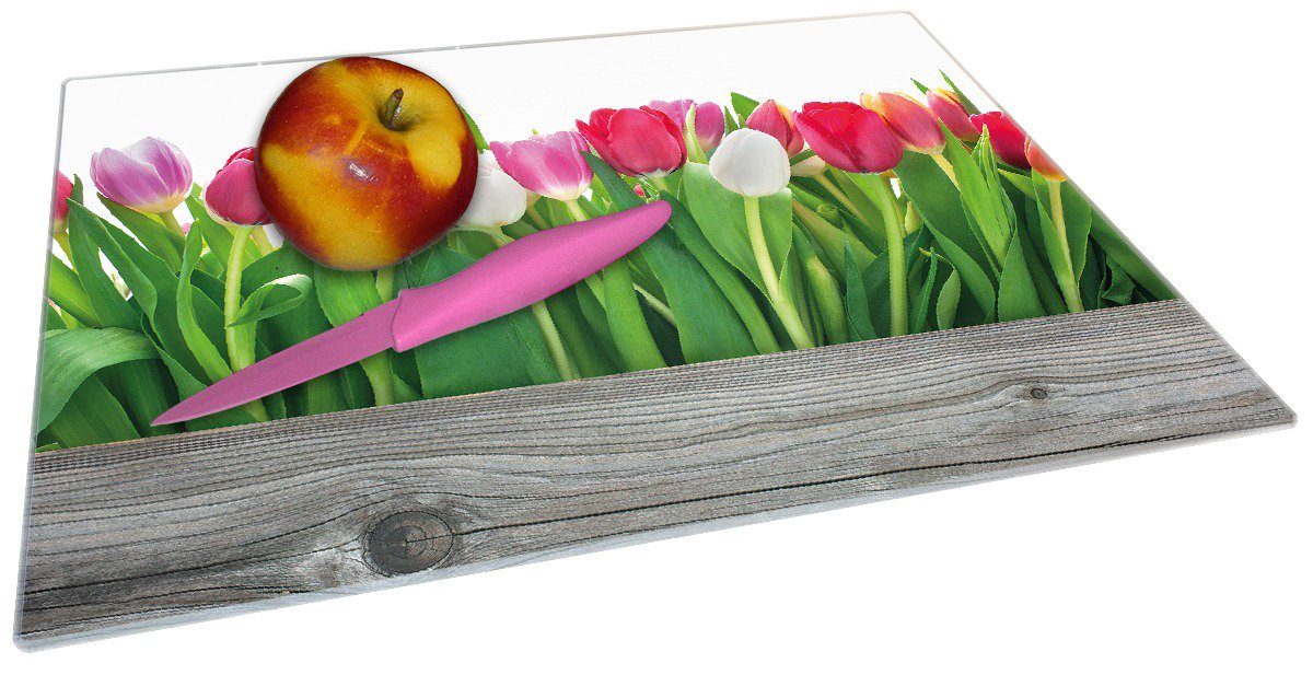 Rote 30x40cm 4mm, 1-St), (inkl. und rutschfester Gummifüße Schneidebrett ESG-Sicherheitsglas, pinke Wallario weiße im Frühling, Tulpen