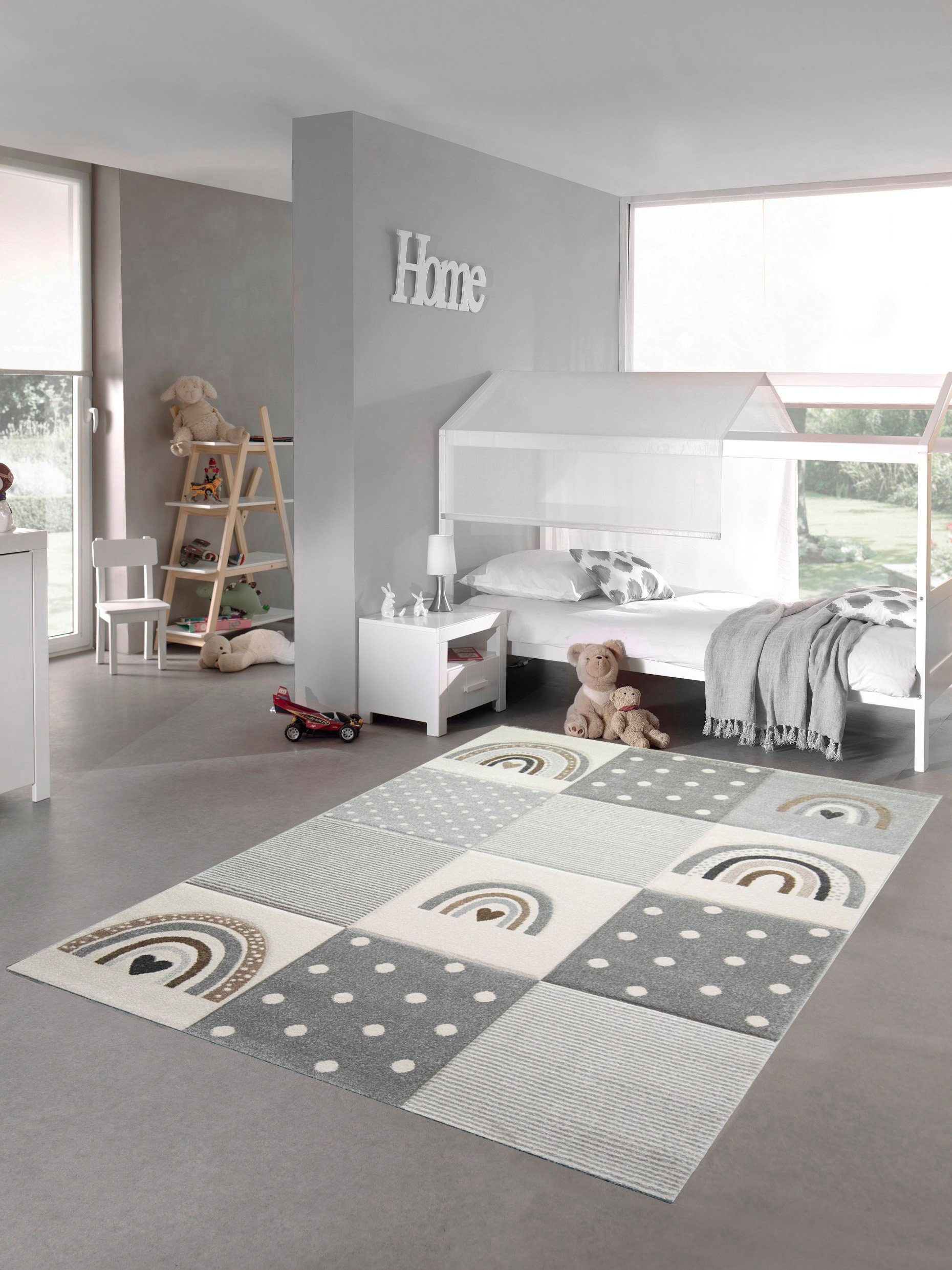 Kinderteppich Kinderzimmer Teppich Spielteppich Regenbogen Punkte Herzchen  Design in Grau Creme, Teppich-Traum, rechteckig, Höhe: 1,3 mm