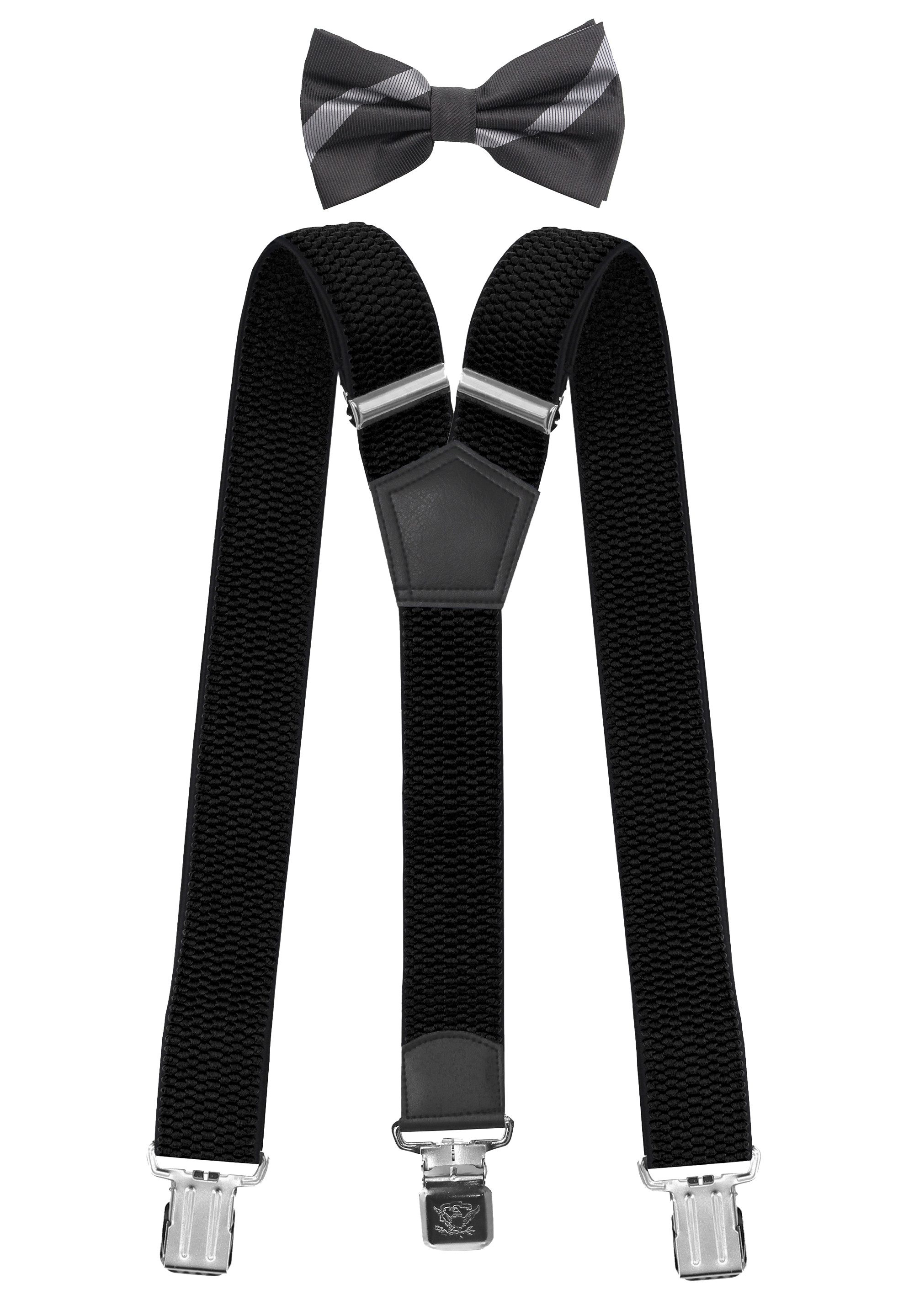 Fabio Farini Hosenträger mit passender Fliege als Set 4cm Y-Form für Herren Pack Schwarz 4cm Hosenträger - Schwarz Grau Kariert Fliege