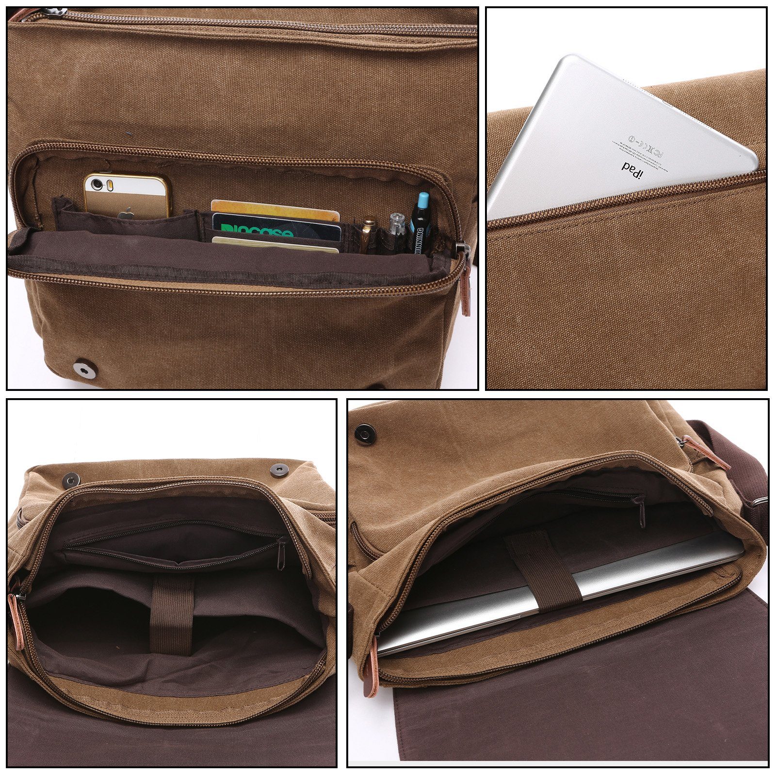 Rucksack 15 Leinwand Zoll Laptop Vintage TAN.TOMI Messenger Umhängetasche, Business Bag Aktentasche für Crossbody Braun
