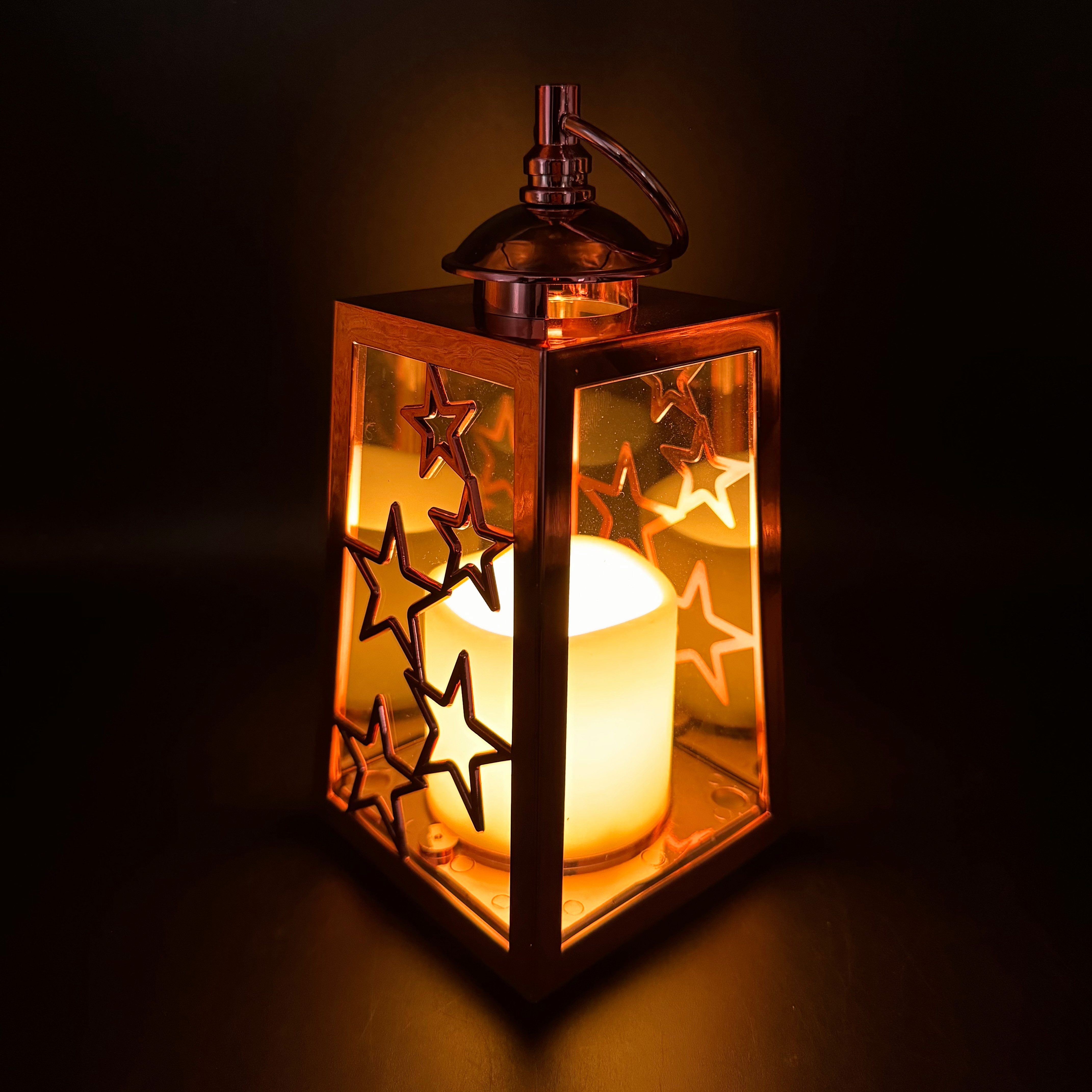 Online-Fuchs LED Laterne im 3er Set mit LED-Kerzen, Timer und Sternen verziert - Outdoor, Dauerleuchten oder Flackereffekt wählbar, warmweiße LED-Flamme, Dekoration für Herbst, Winter und Weihnachten