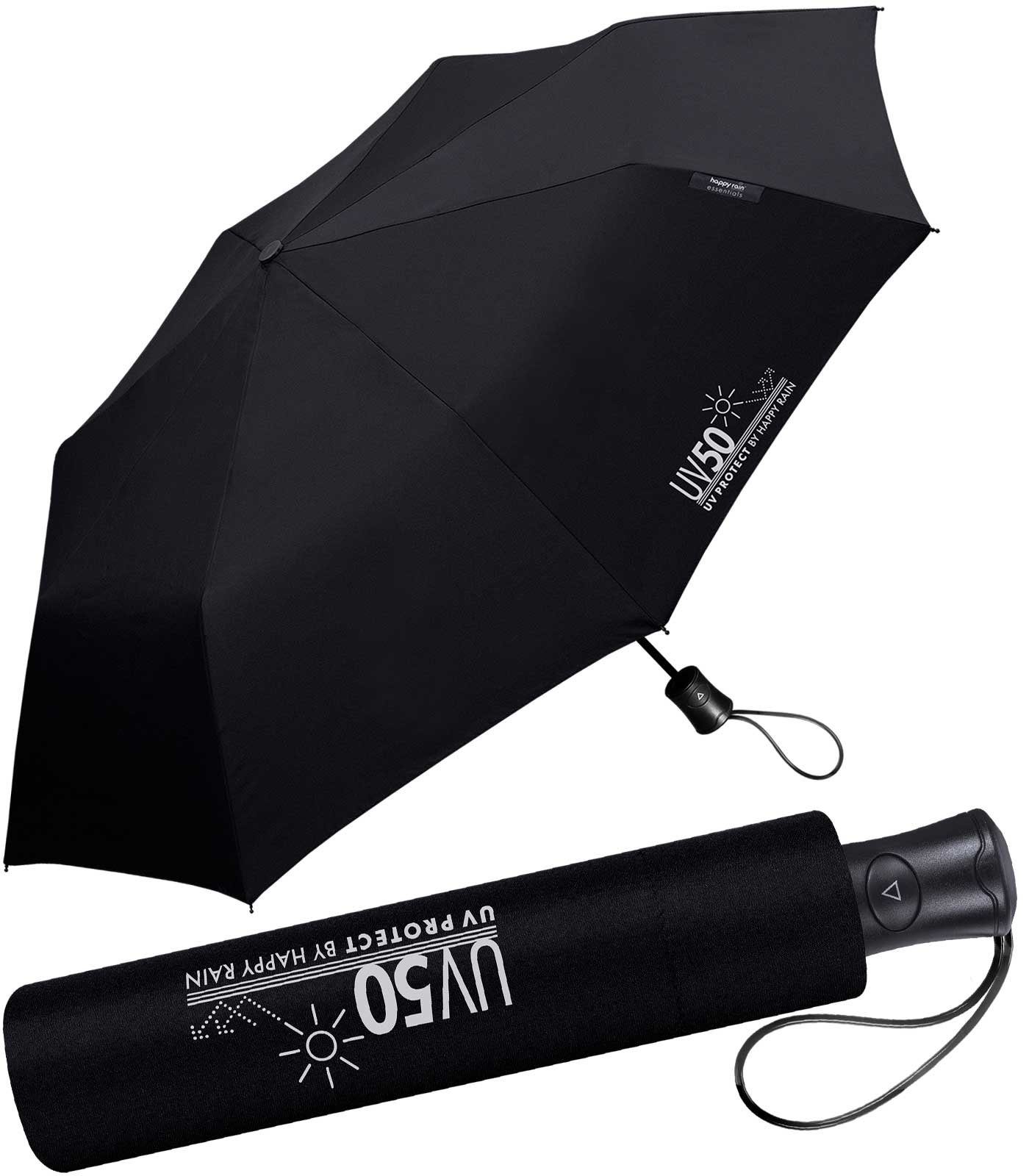 UV-Protect HAPPY und vor RAIN und Sonnenschutz, Auf-Automatik schwarz Taschenregenschirm UV50 schützt Regen Sonne mit